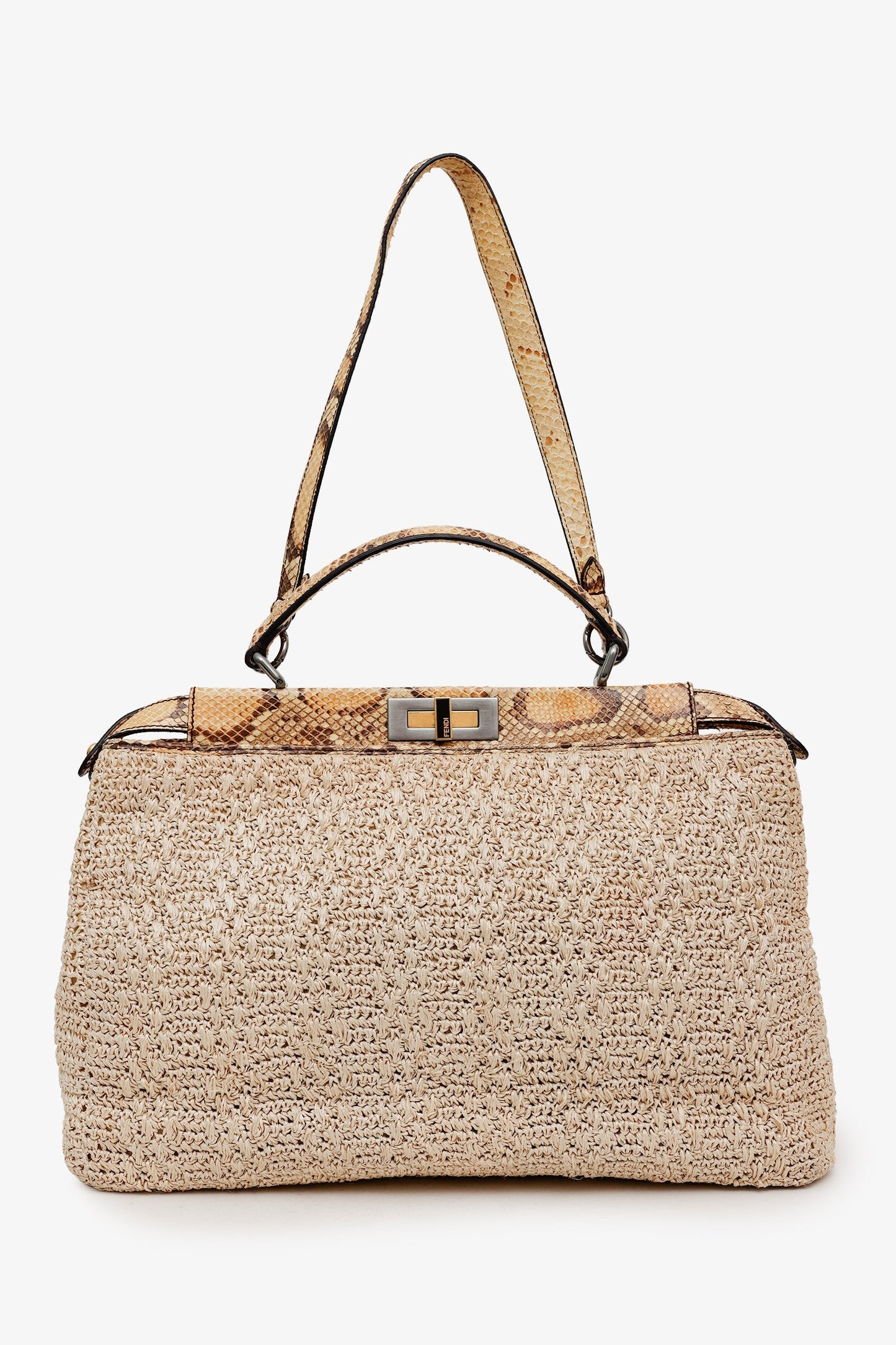 Fendi Beige Raffia and Snakeskin Large Peekaboo Satchel Bag