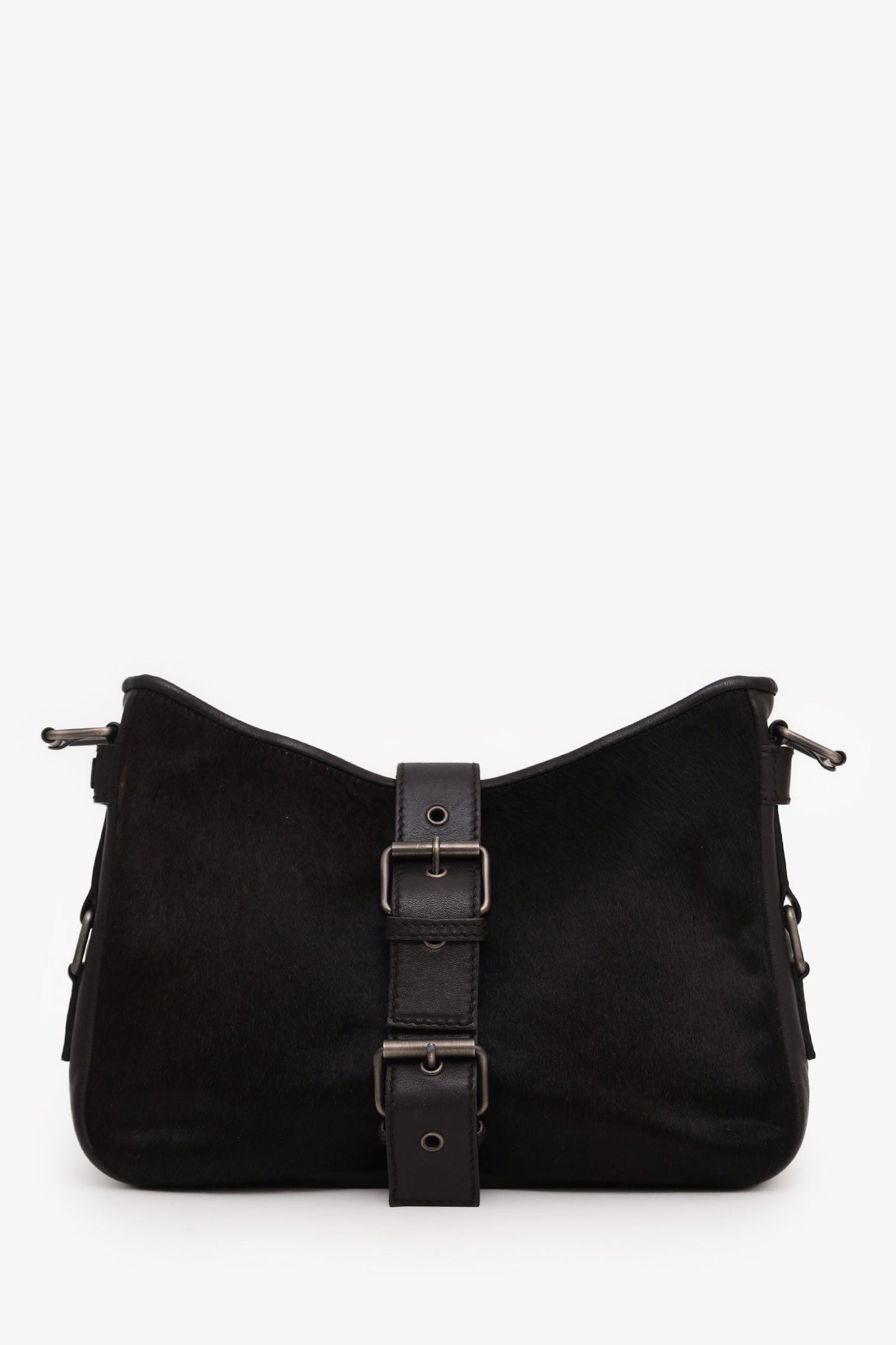 Saint Laurent Black Pony Hair Leather Buckle Shoulder Bag