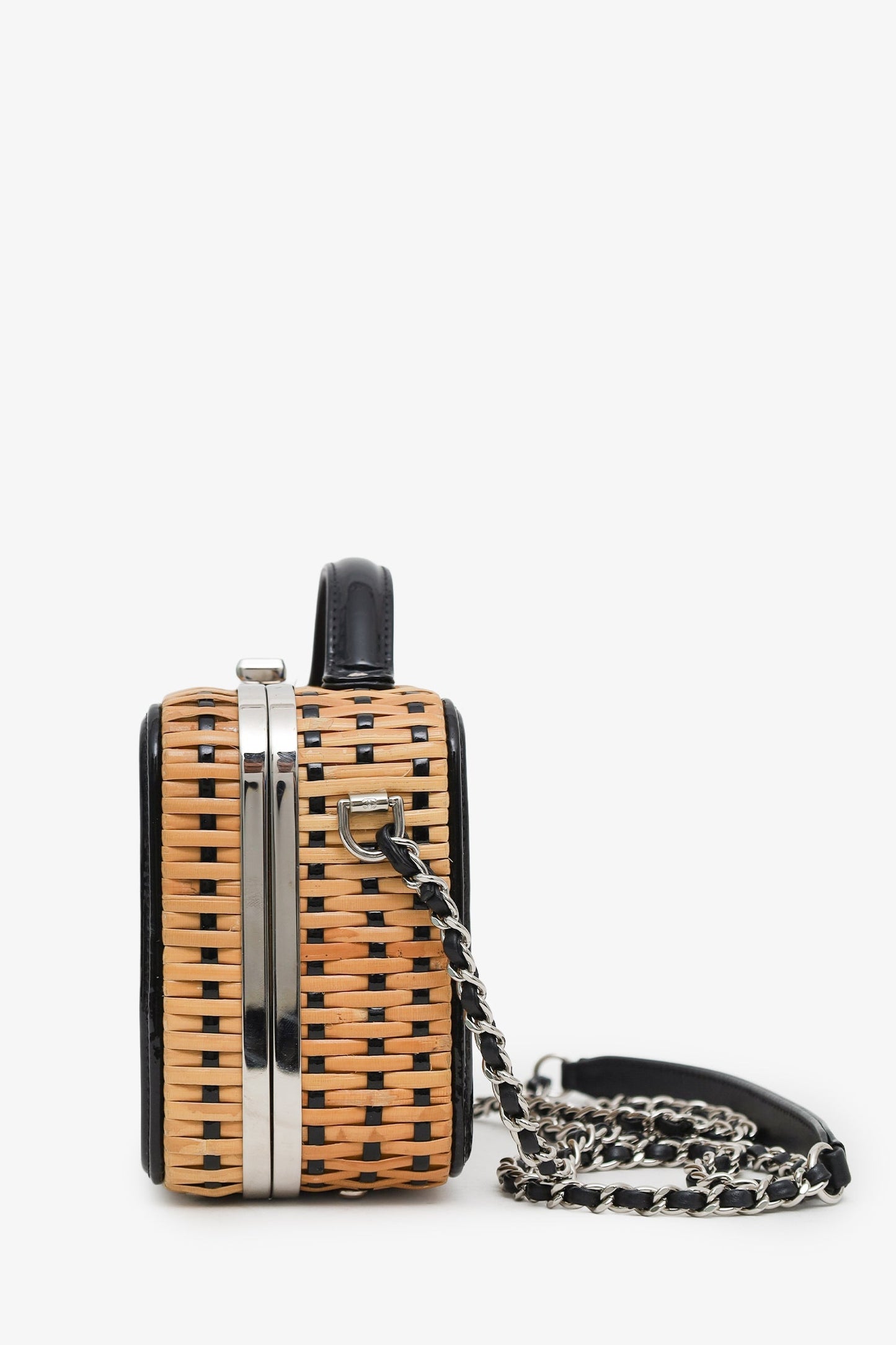 Chanel™ 2019 Black/Beige Raffia Patent Small CC Filigree Vanity Case
