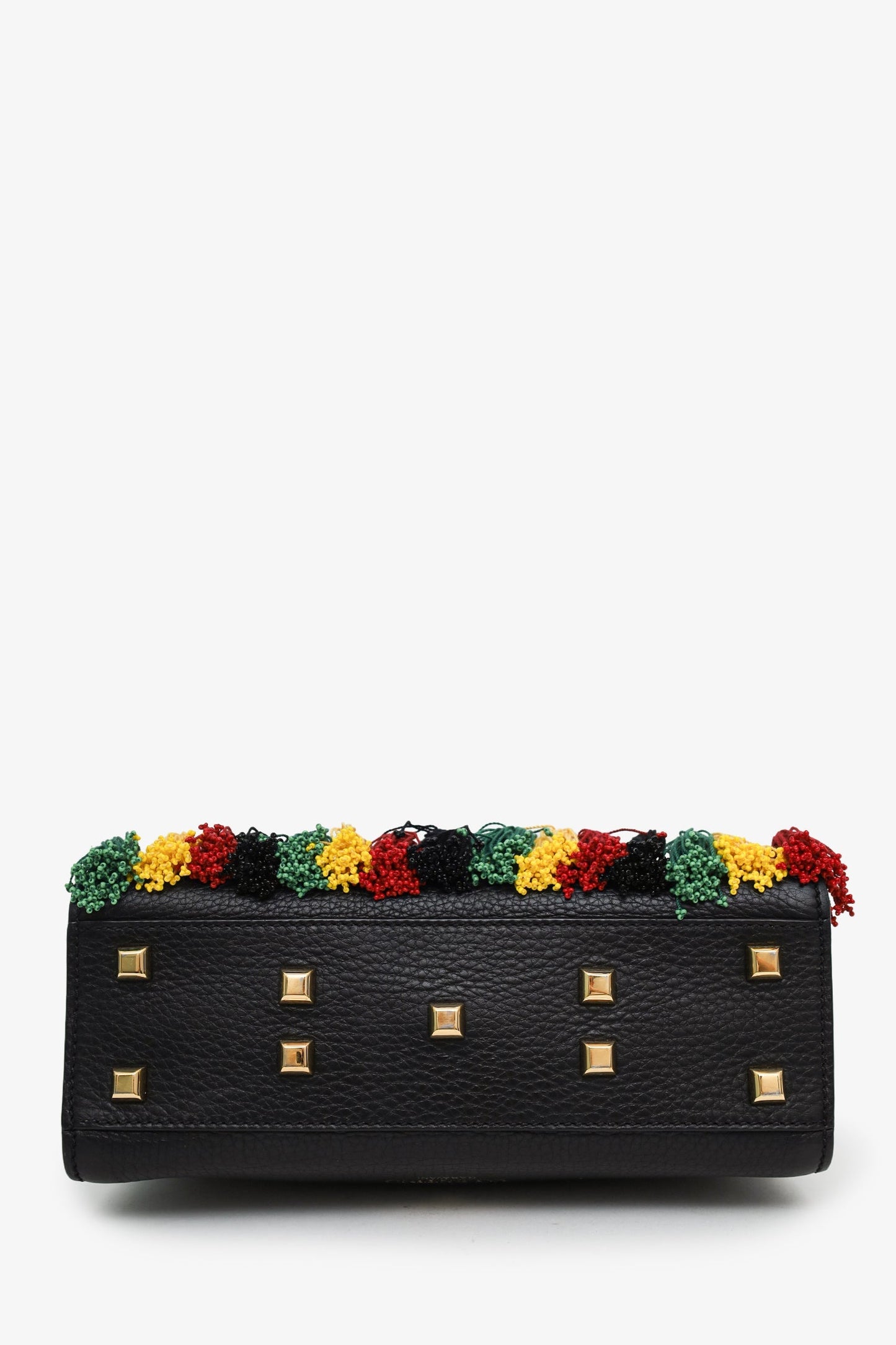 Valentino Black Leather Small Beads Embellished Rockstud Rolling Top Handle Bag