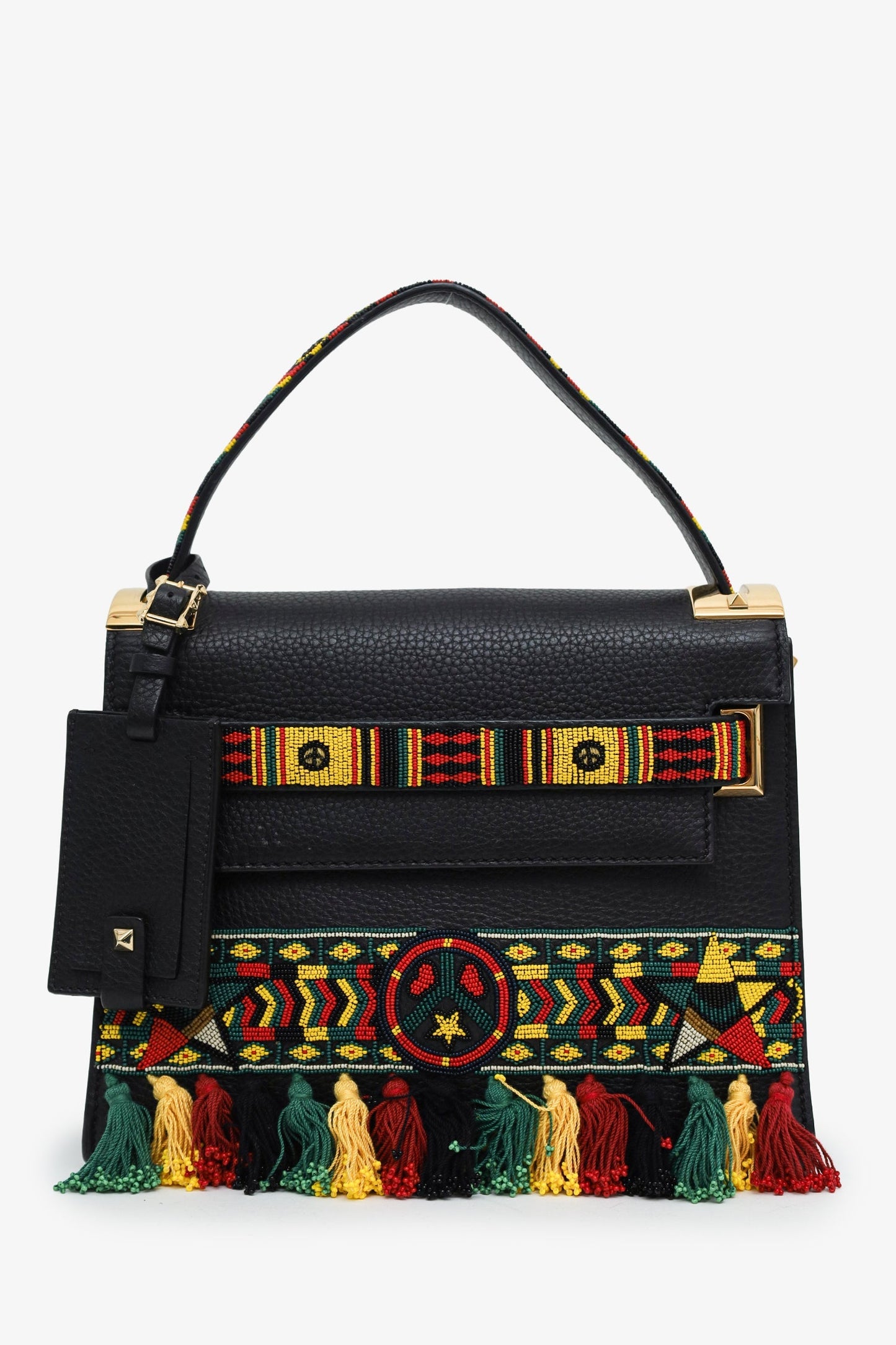 Valentino Black Leather Small Beads Embellished Rockstud Rolling Top Handle Bag