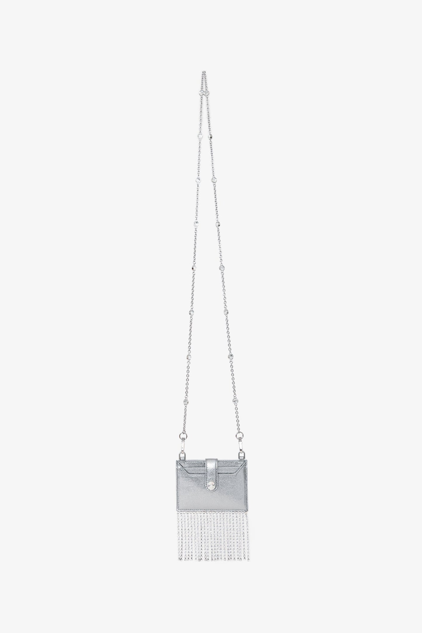 Miu Miu Silver Metallic Leather Crystal Embellished Fringe Card Hold with Chain