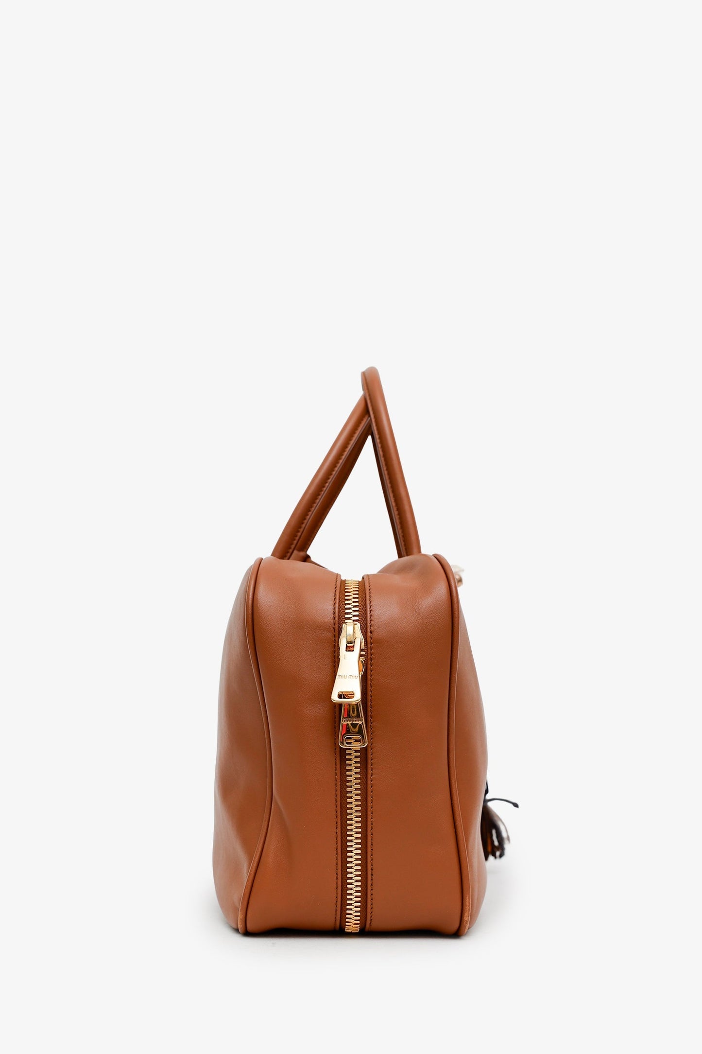 Miu Miu Brown Leather Beau Medium Top Handle Bag with Charm