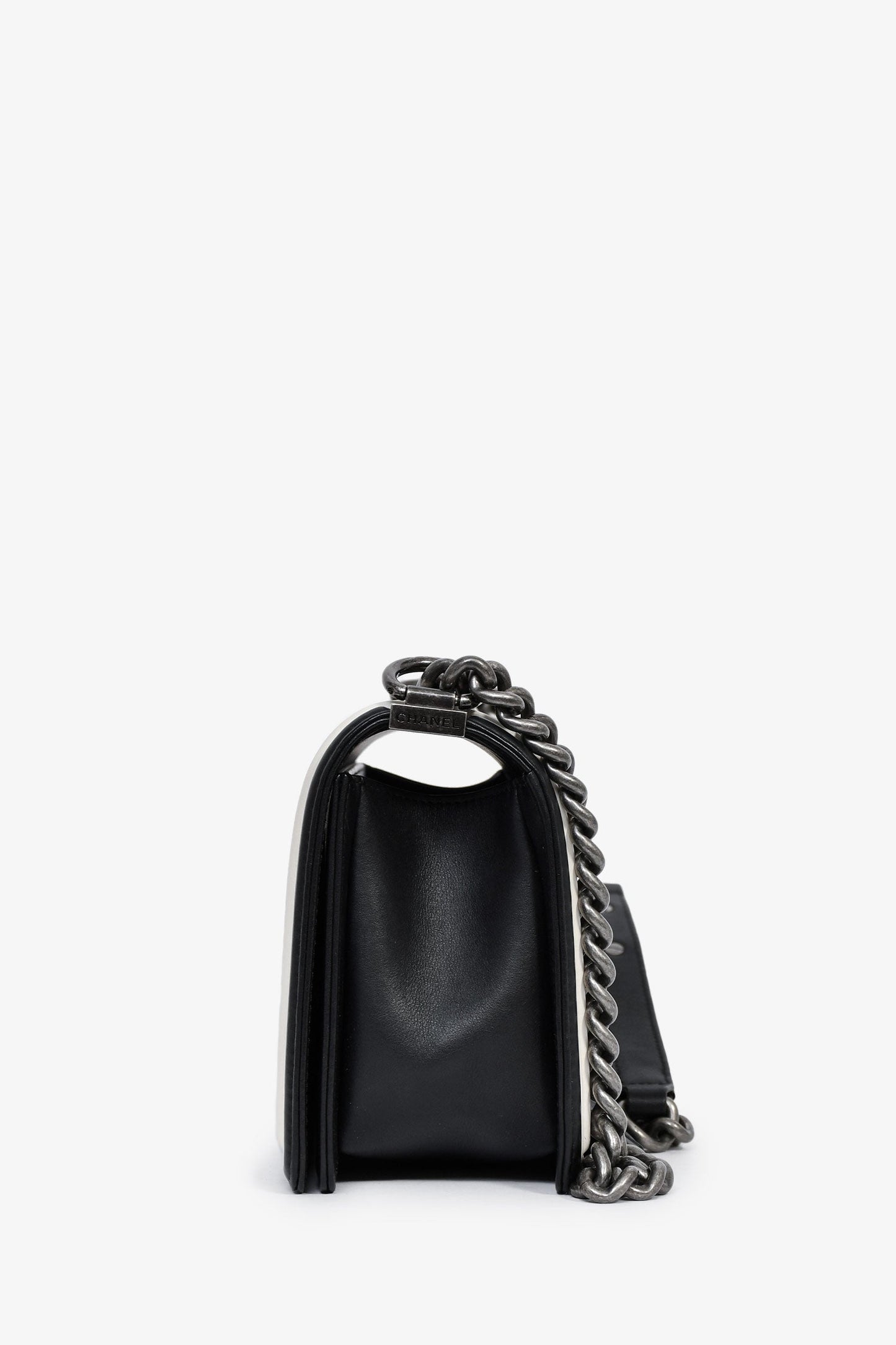 Chanel™ 2016-17 White/Black Leather Chevron Medium Boy Shoulder Bag