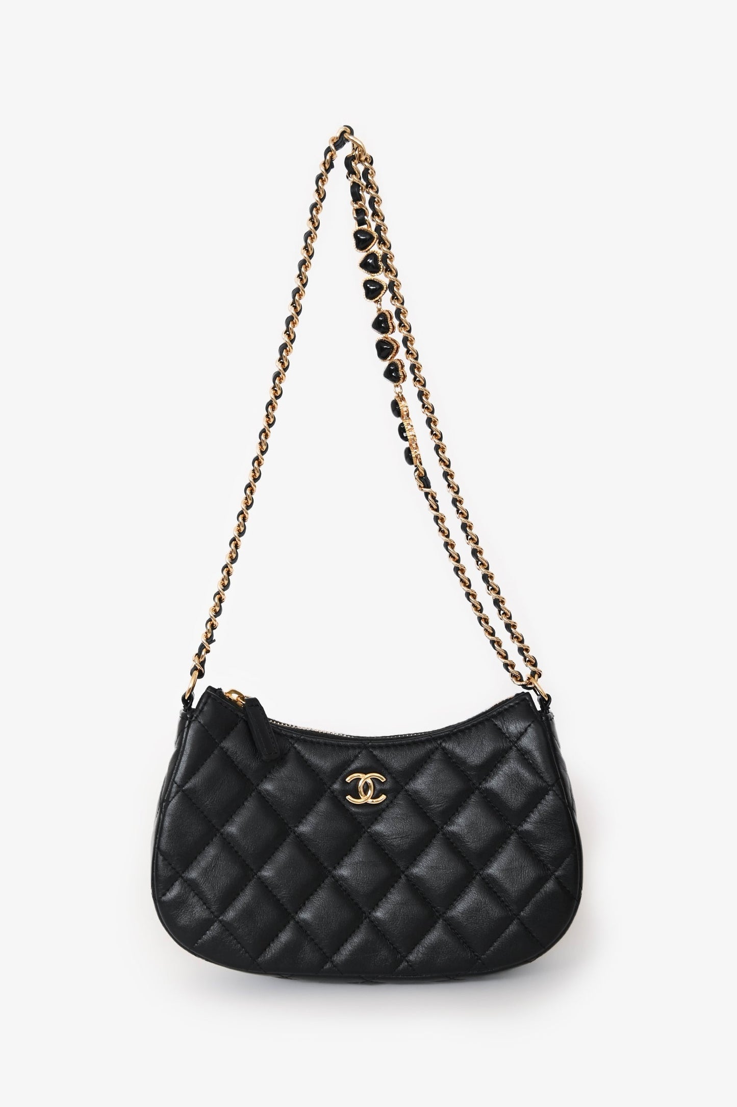 Chanel™ Black Quilted Lambskin Mini Hobo Shoulder Bag with Heart Chain GHW