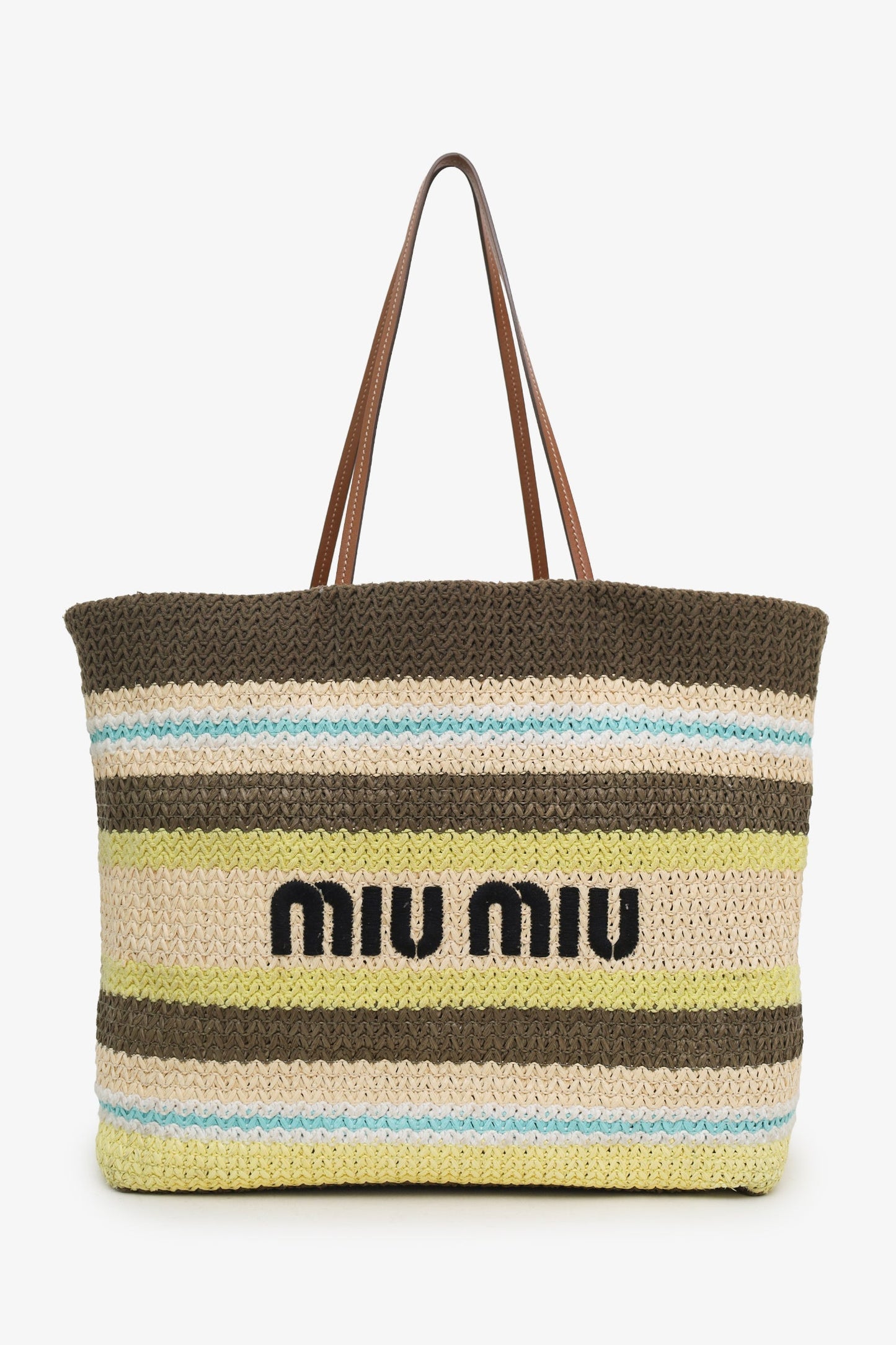Miu Miu 2025 Limone Natural Raffia Crochet Stripe Tundra Tote Bag