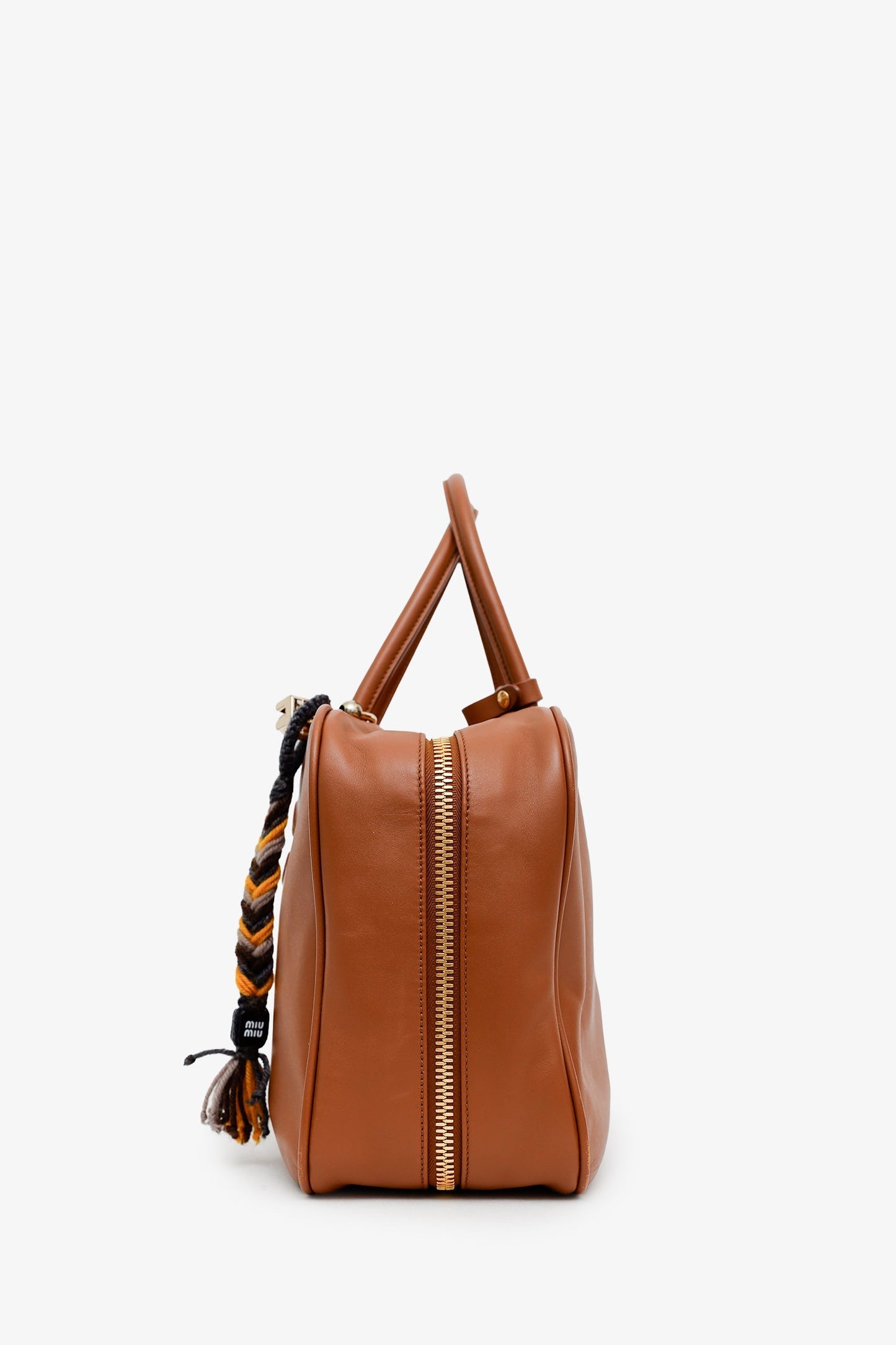 Miu Miu Brown Leather Beau Medium Top Handle Bag with Charm