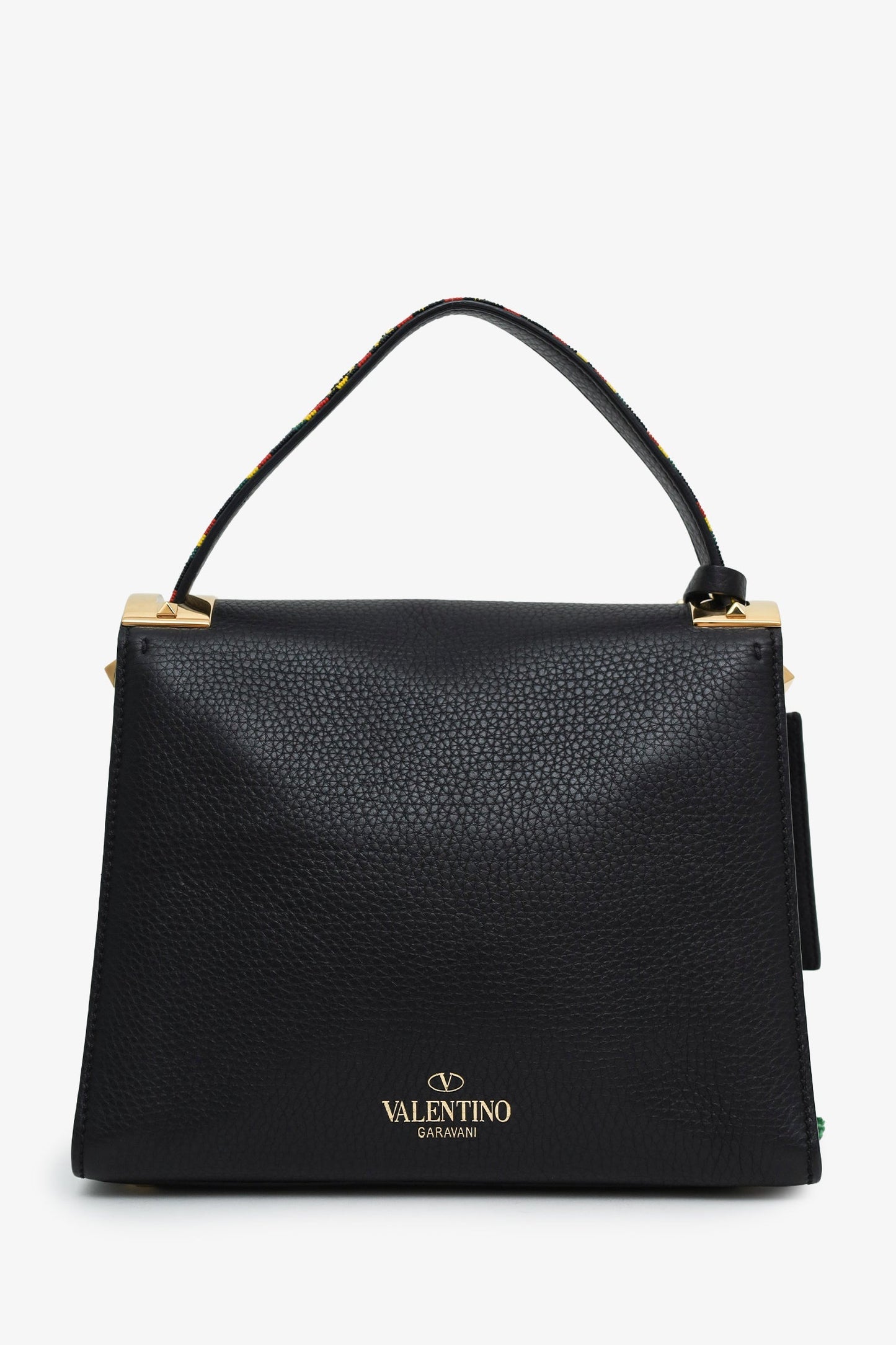 Valentino Black Leather Small Beads Embellished Rockstud Rolling Top Handle Bag