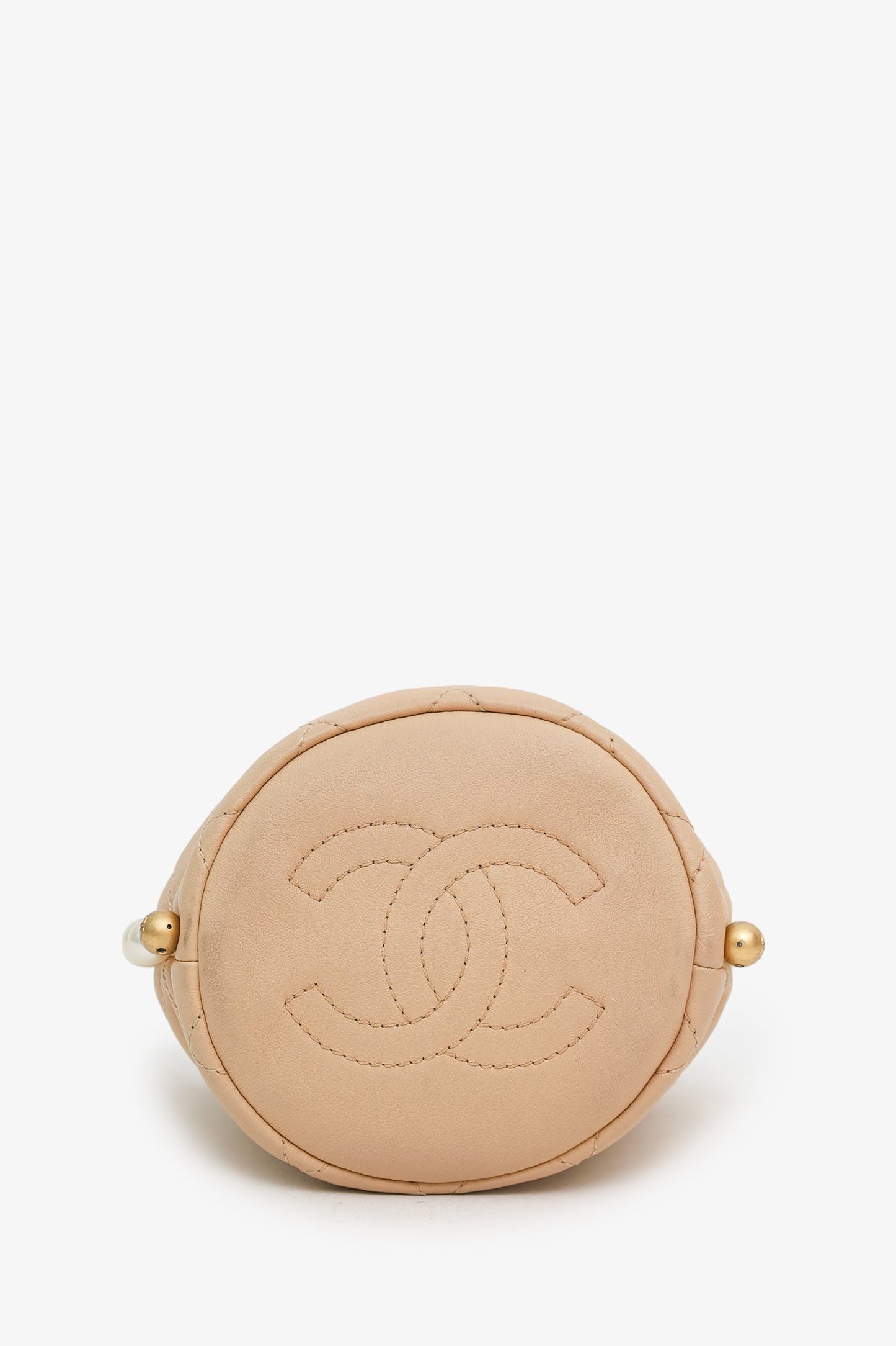 Chanel™ 2021 Beige Leather Mini About Pearls Drawstring Bucket Bag