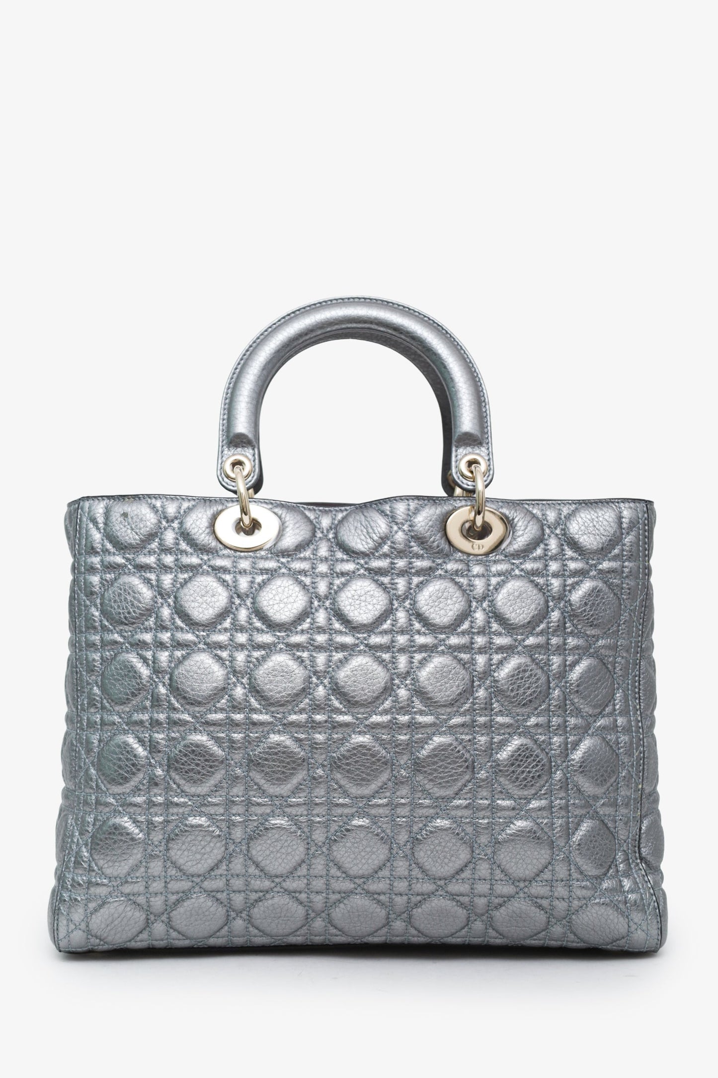 Christian Dior Silver Metallic Leather Large Lady Dior Bag With Strap