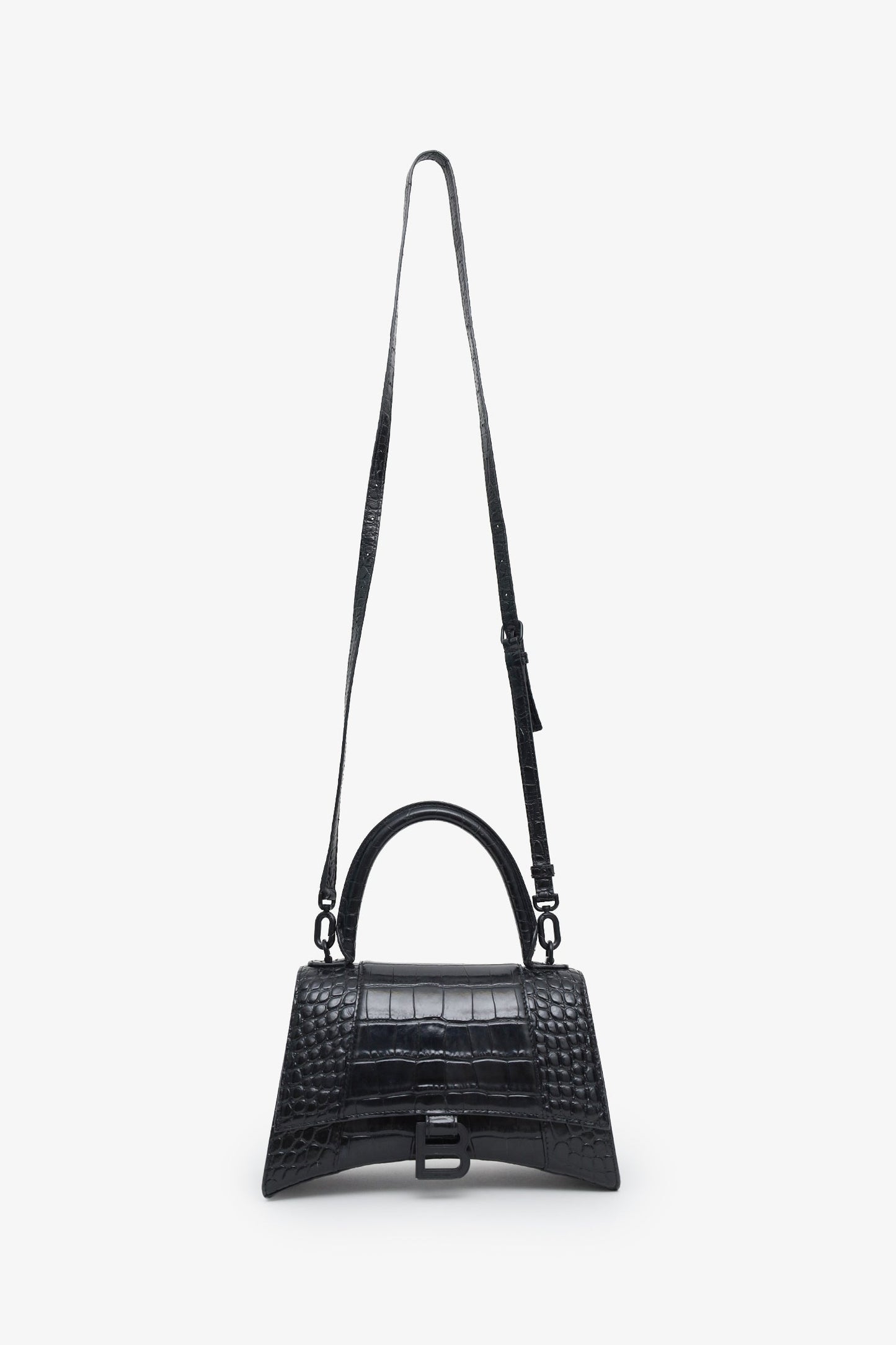 Balenciaga Black Croc Embossed Small Hourglass Top Handle Bag With Strap