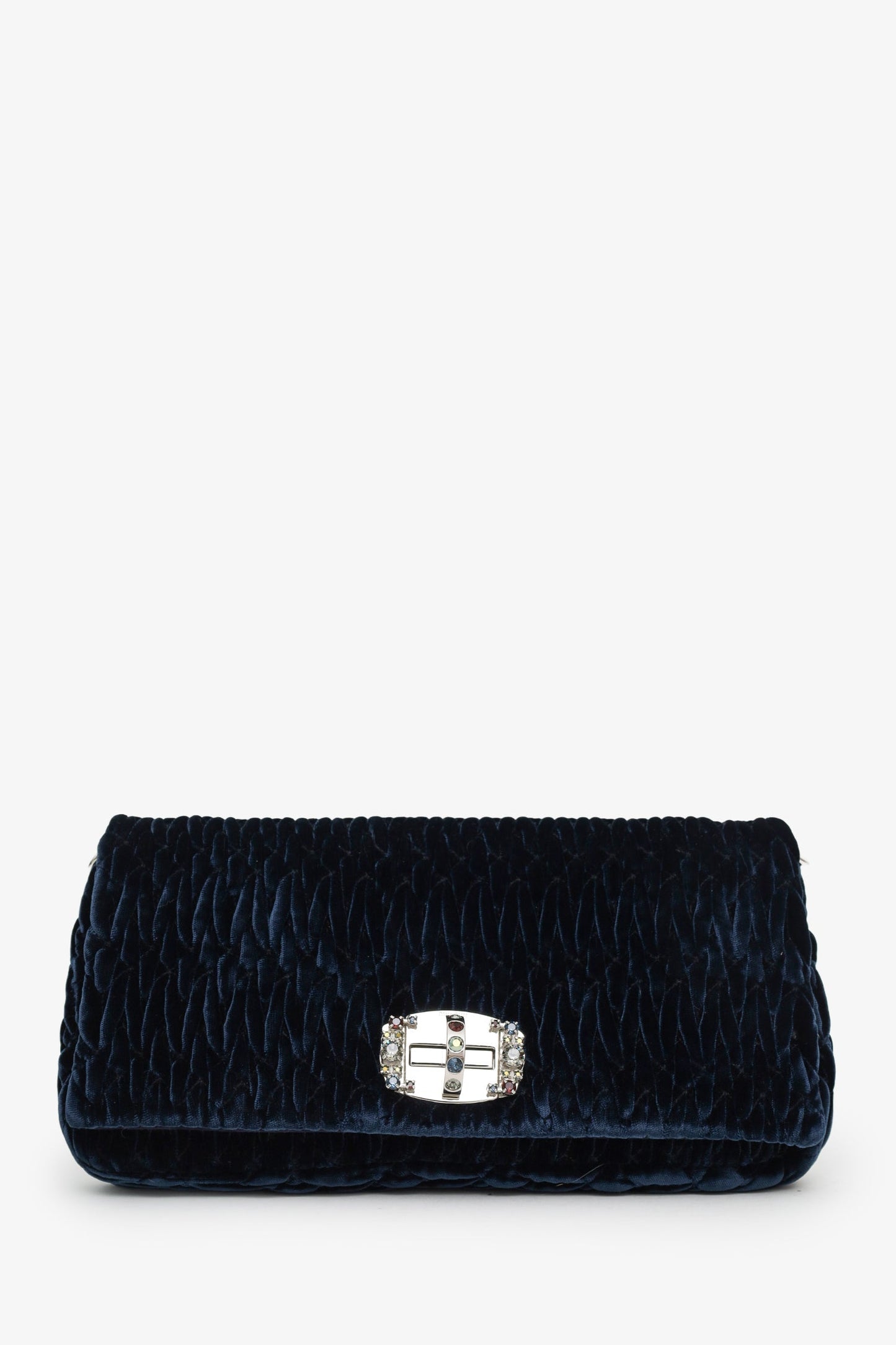 Miu Miu Navy Velvet Matelasse Crystal Flap Shoulder Bag With Strap