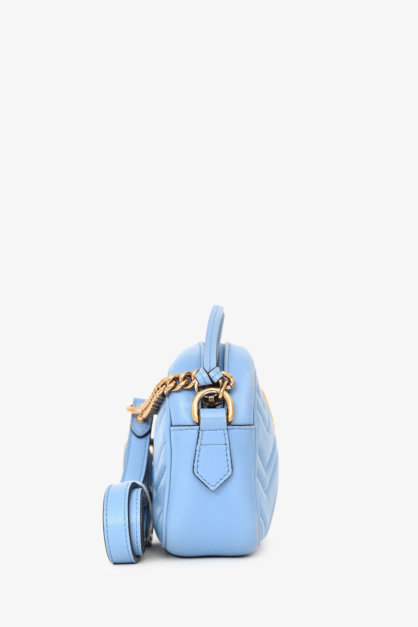 Gucci Light Blue Leather Chevron Quilted Mini GG Marmont Crossbody Bag