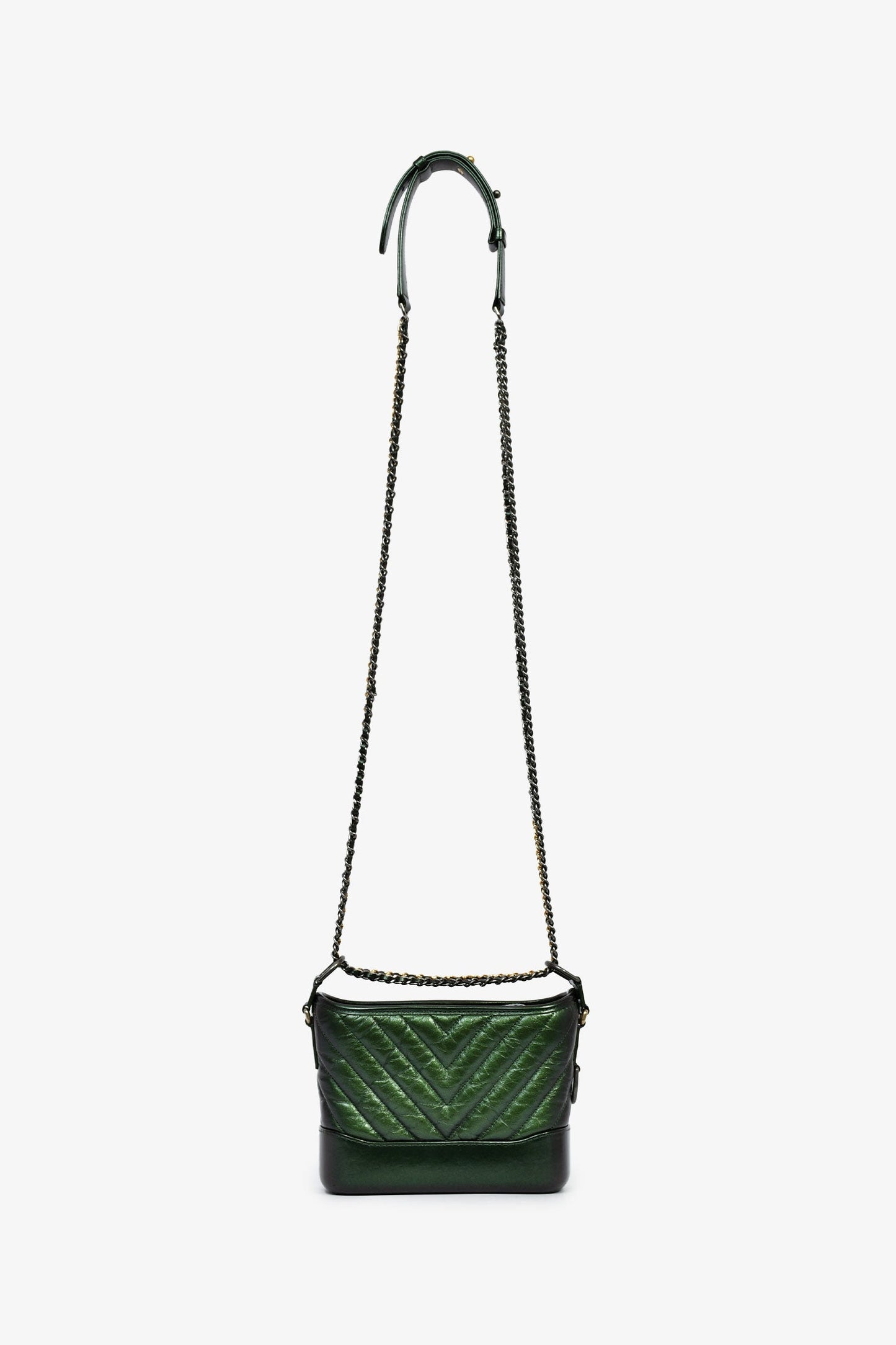 Chanel™ 2019 Limited Edition Metallic Green Aged Leather Chevron Small Gabrielle Crossbody