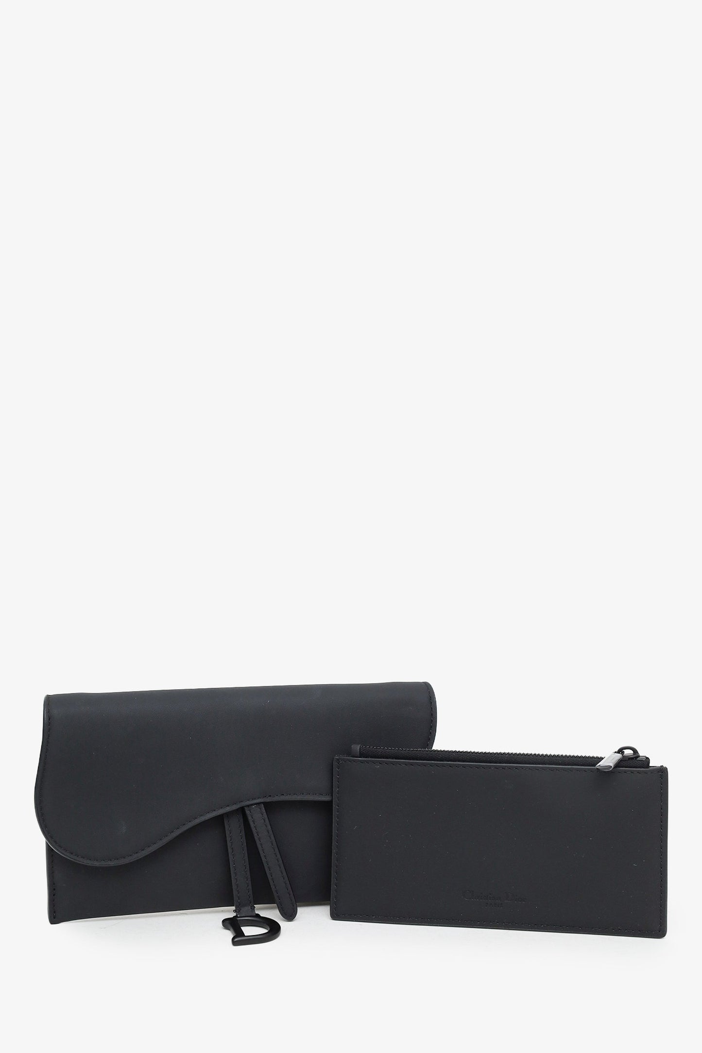 Christian Dior Black Leather Saddle Wallet On Chain Matte Hardware With Pouch