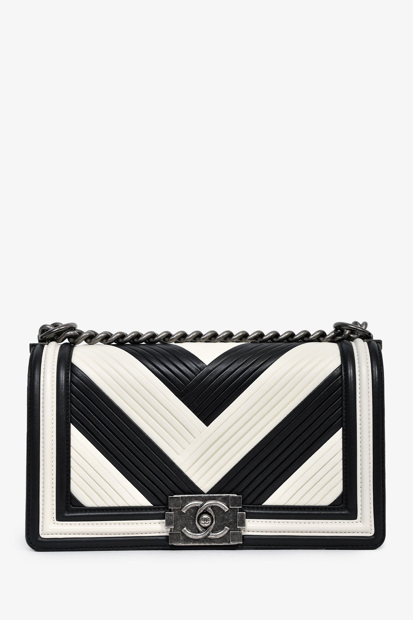 Chanel™ 2016-17 White/Black Leather Chevron Medium Boy Shoulder Bag