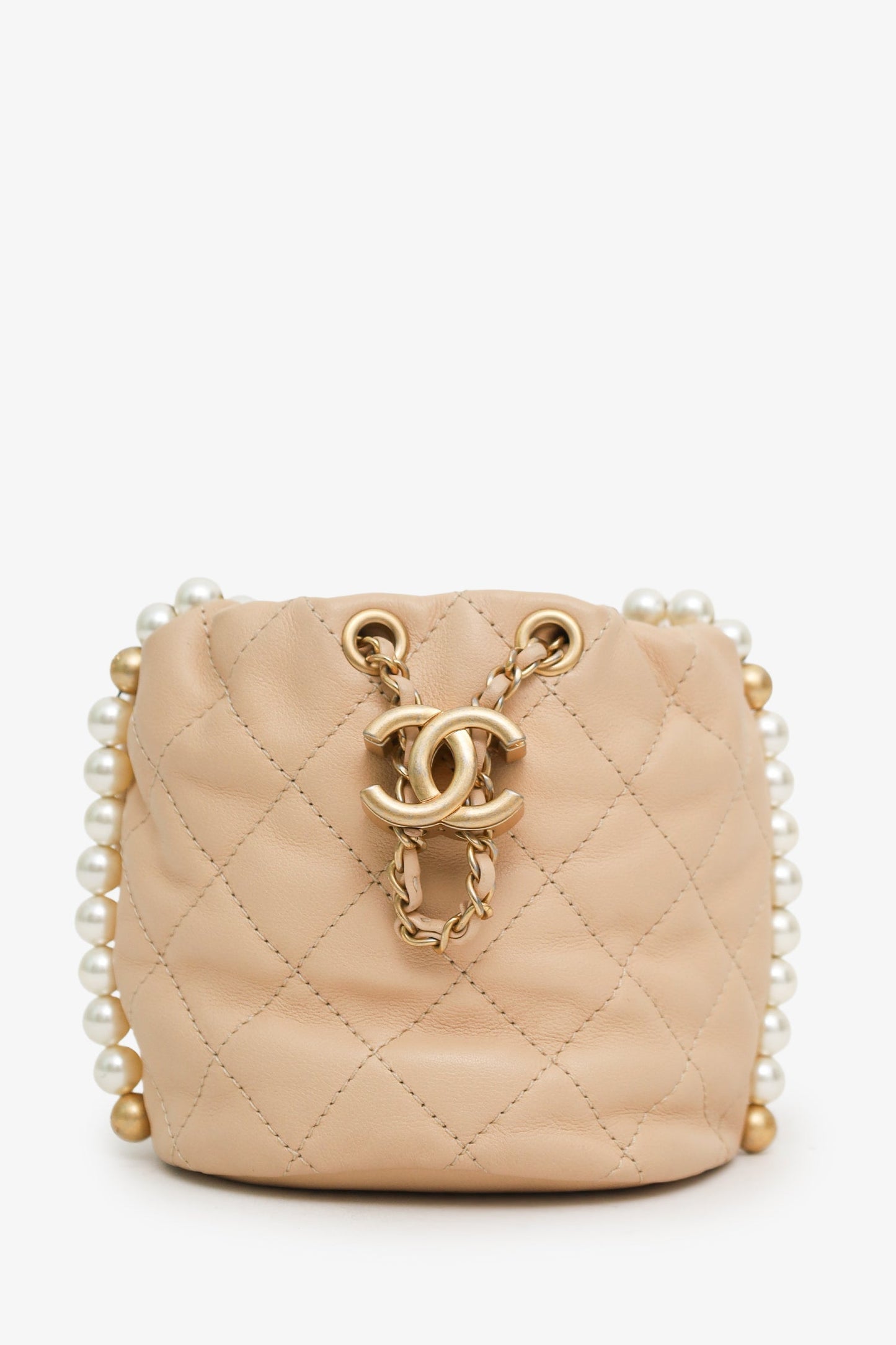 Chanel™ 2021 Beige Leather Mini About Pearls Drawstring Bucket Bag