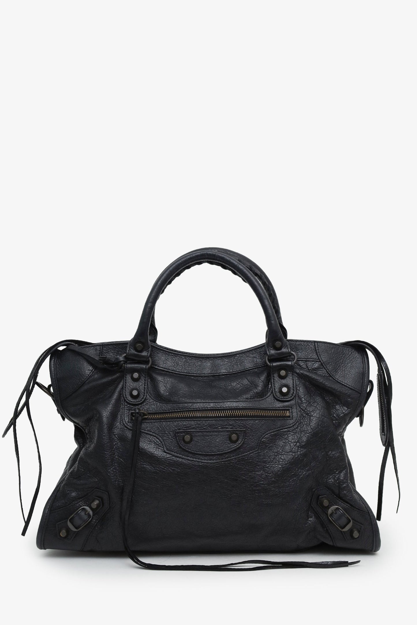 Balenciaga Black Leather Classic Motocross Small City Bag with Strap