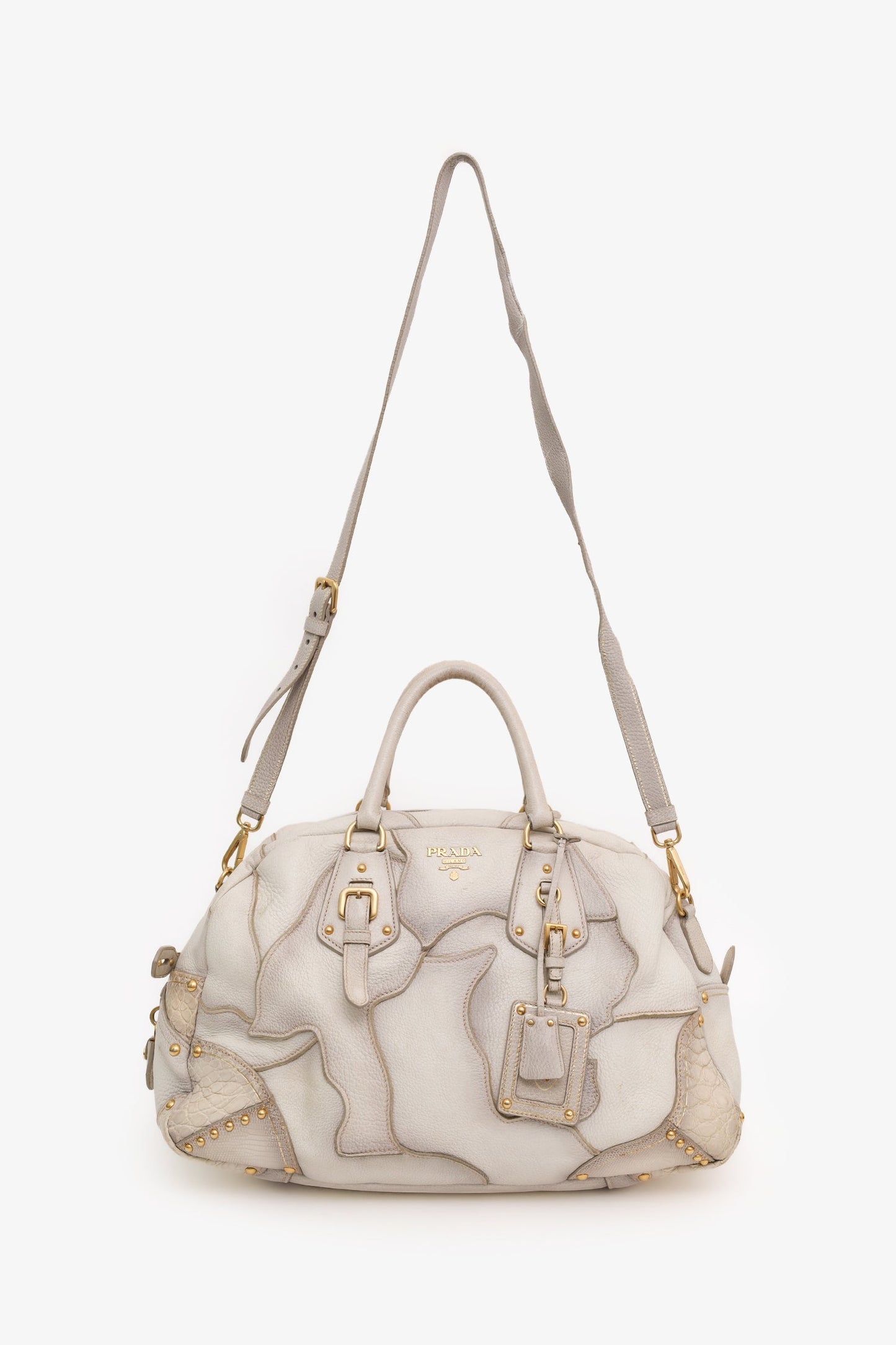 Prada White Ombre Deerskin Leather Croc and Lizard Patchwork Bowler Bag
