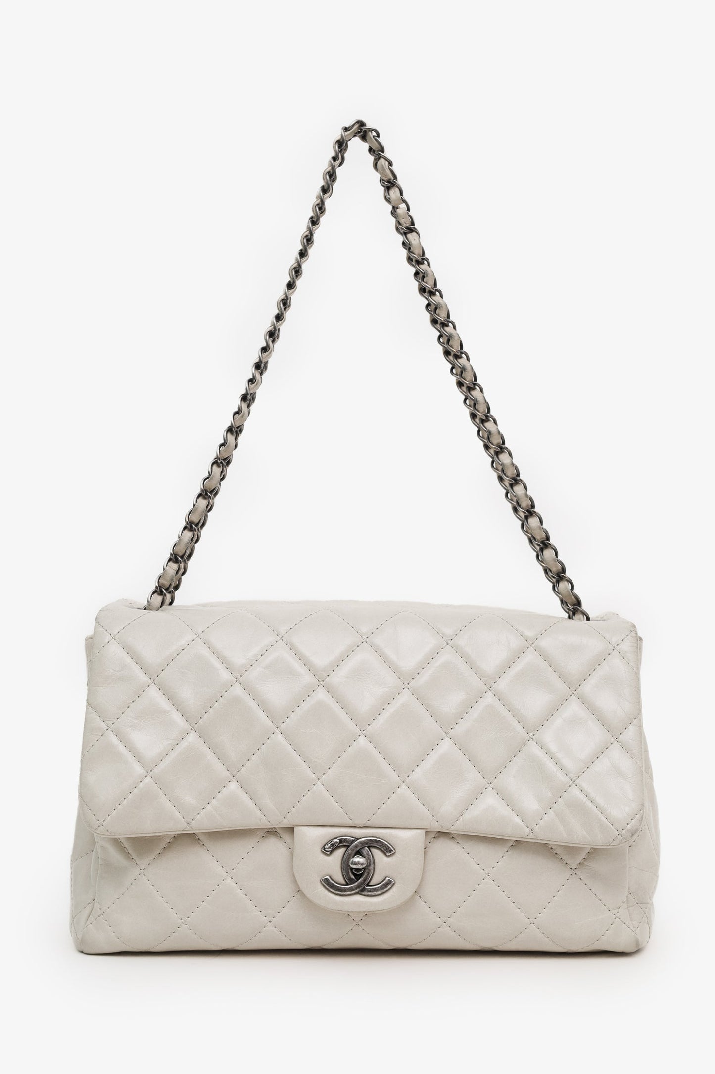 Chanel™ 2014-15 Light Grey Calfskin Quilted Easy Flap Shoulder Bag