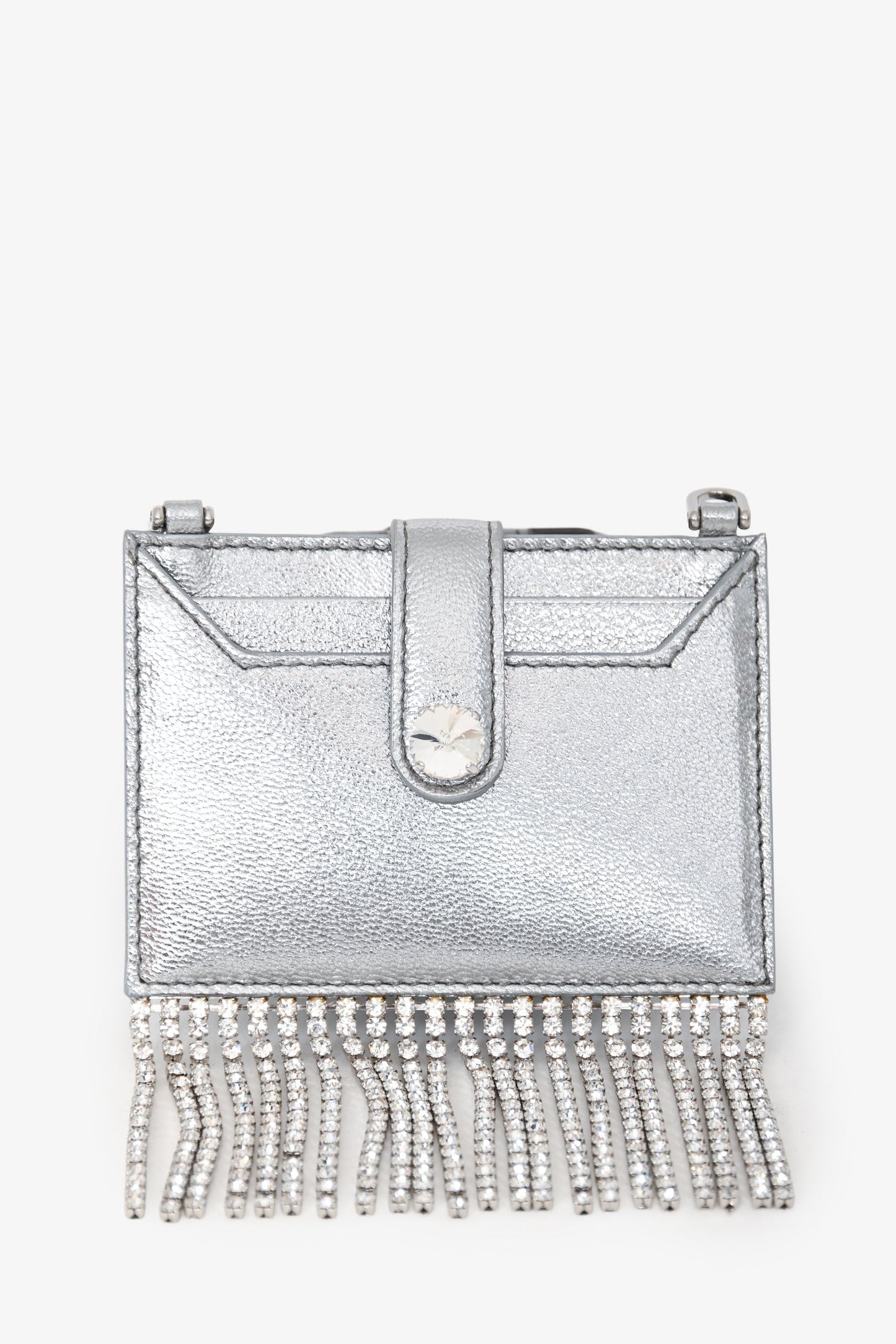 Miu Miu Silver Metallic Leather Crystal Embellished Fringe Card Hold with Chain