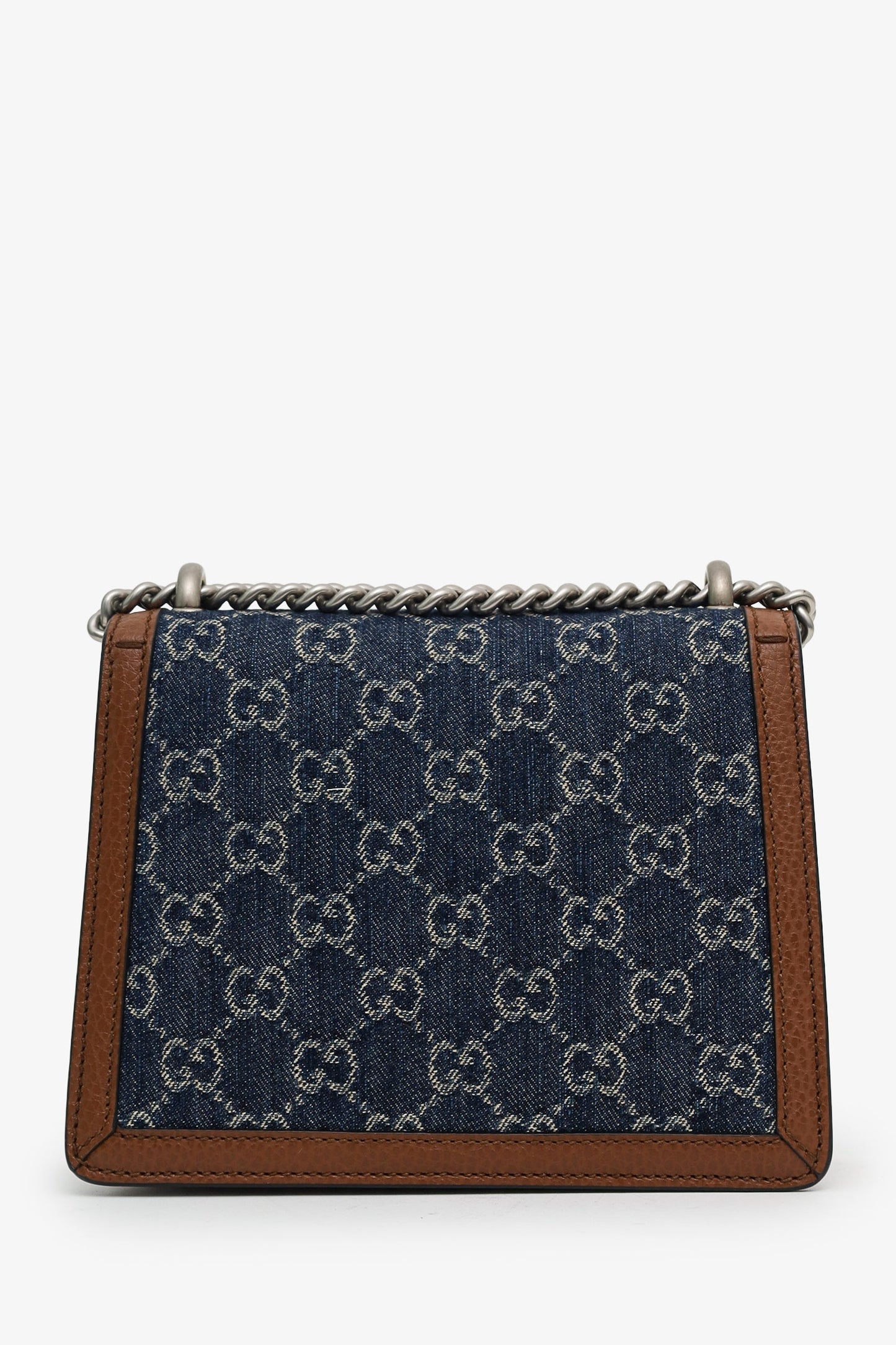 Gucci Blue Denim GG Brown Leather Trim Mini Dionysus Chain Bag