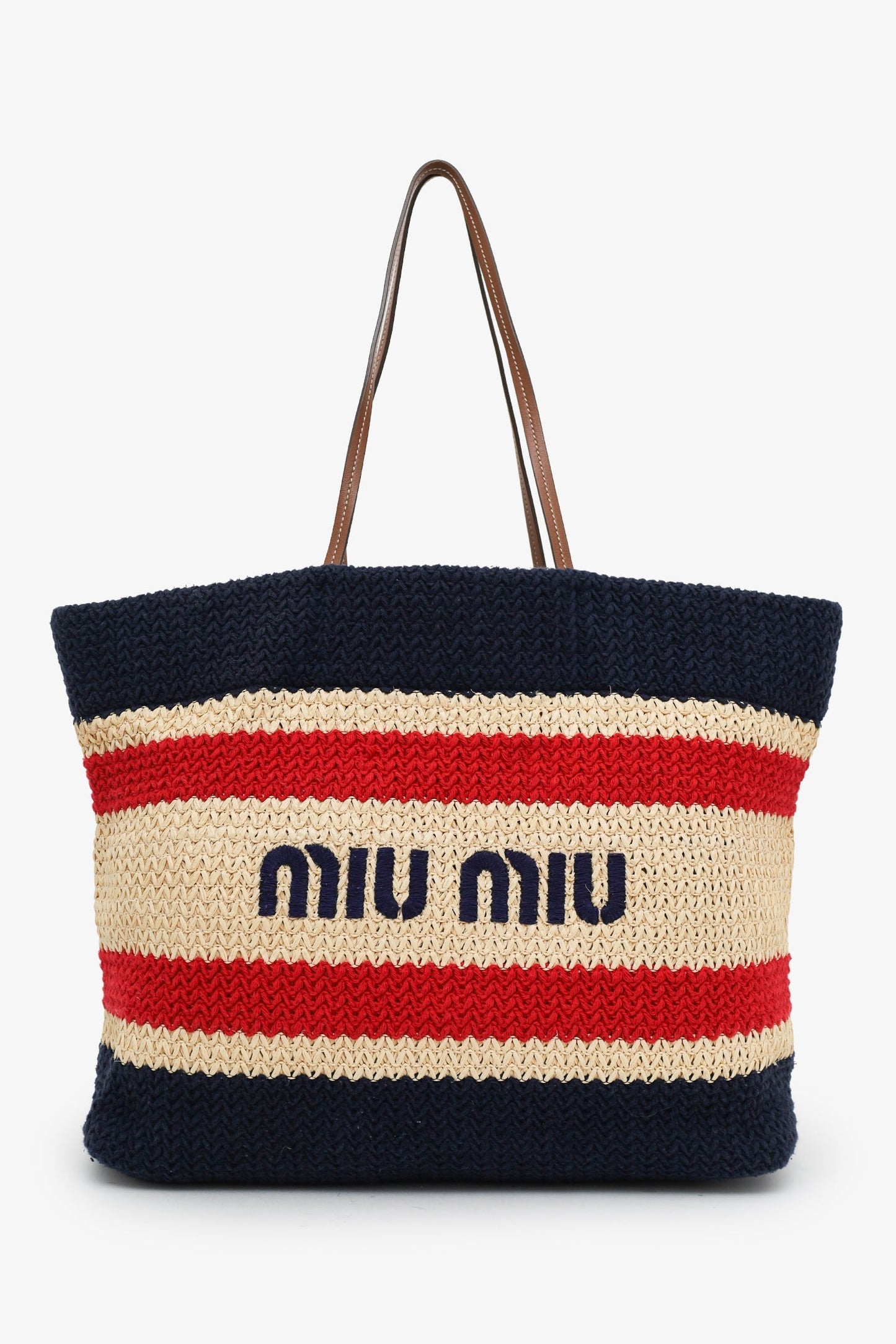 Miu Miu Canvas Knit Stripe Woven Logo-Print Tote Bag