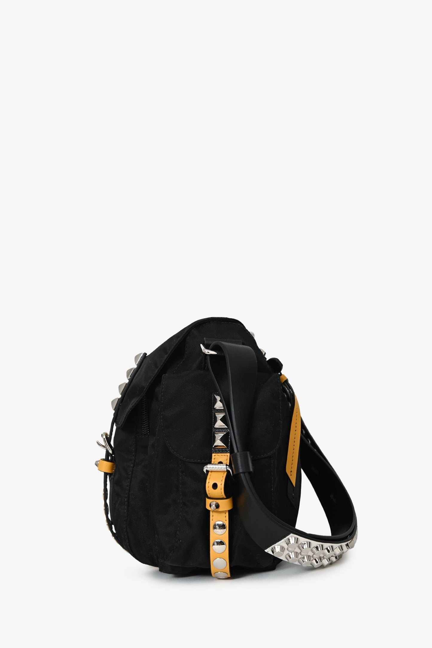 Prada Black Nylon Yellow Leather Studded Messenger Bag