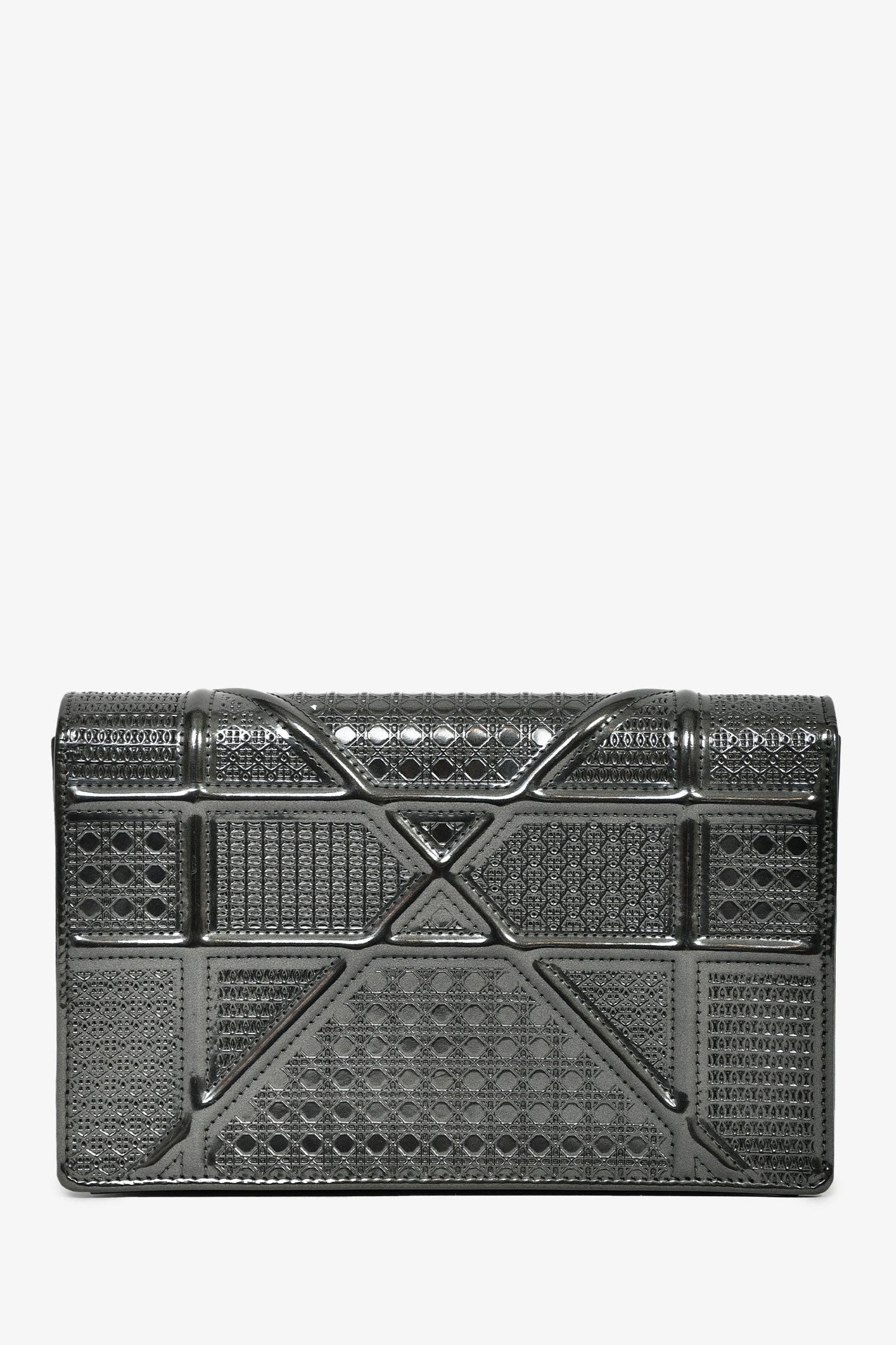 Christian Dior Grey Metallic Patent Microcannage Diorama Wallet on Chain