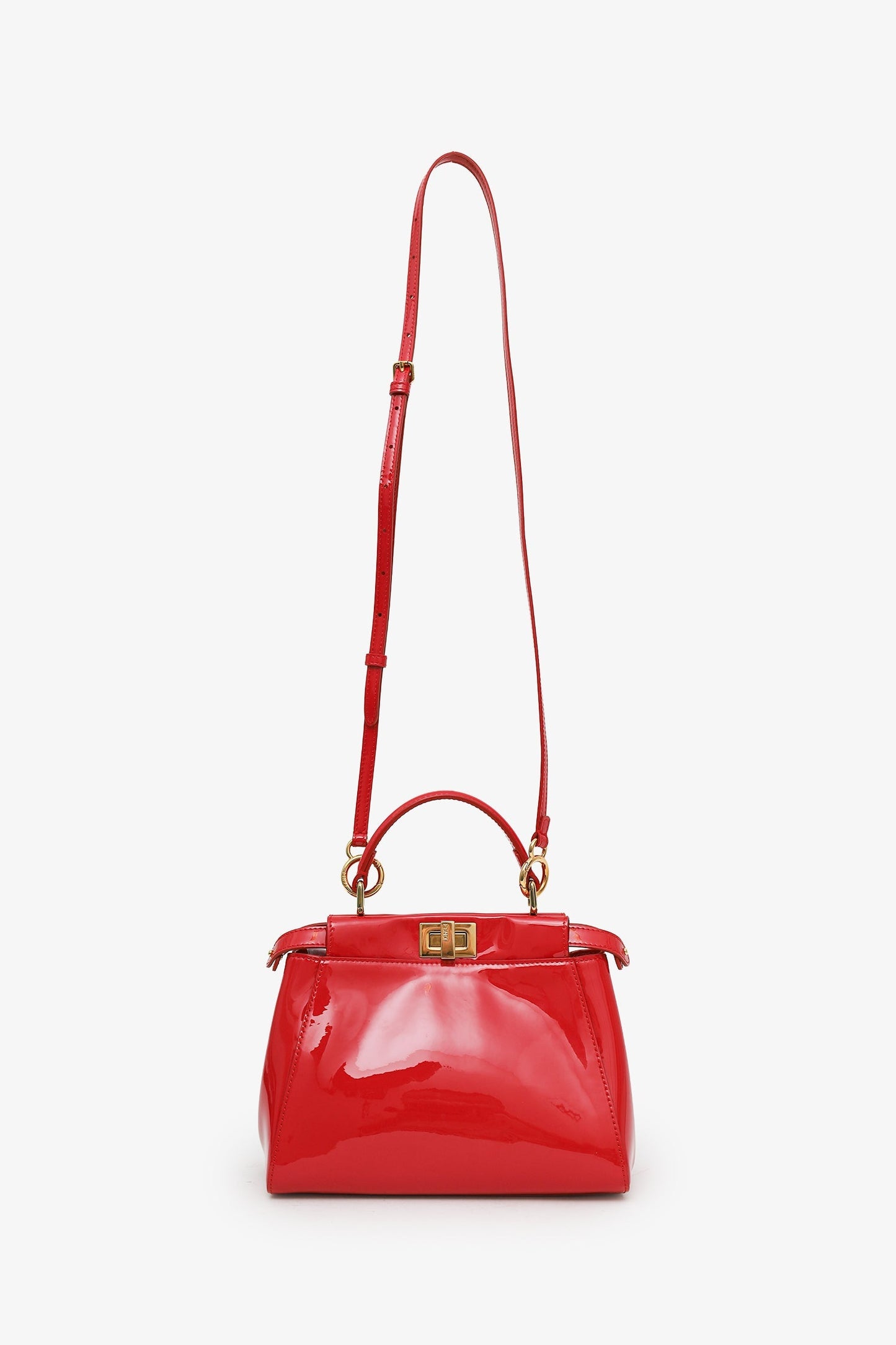 Fendi Red Patent Leather Peekaboo Mini Satchel Bag With Strap