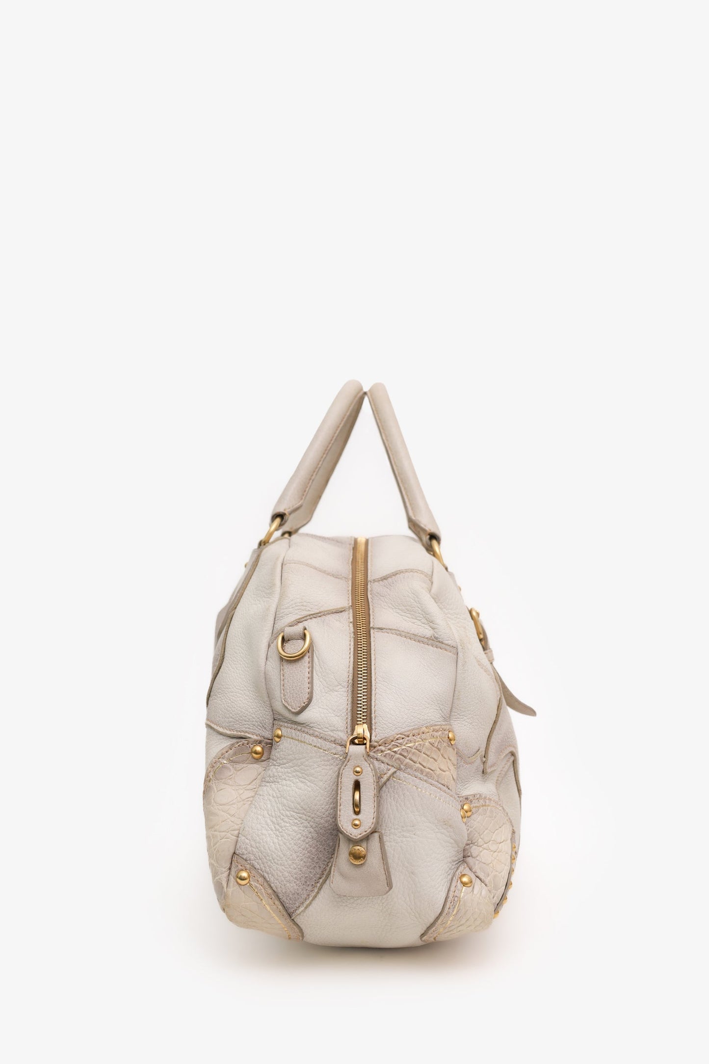 Prada White Ombre Deerskin Leather Croc and Lizard Patchwork Bowler Bag