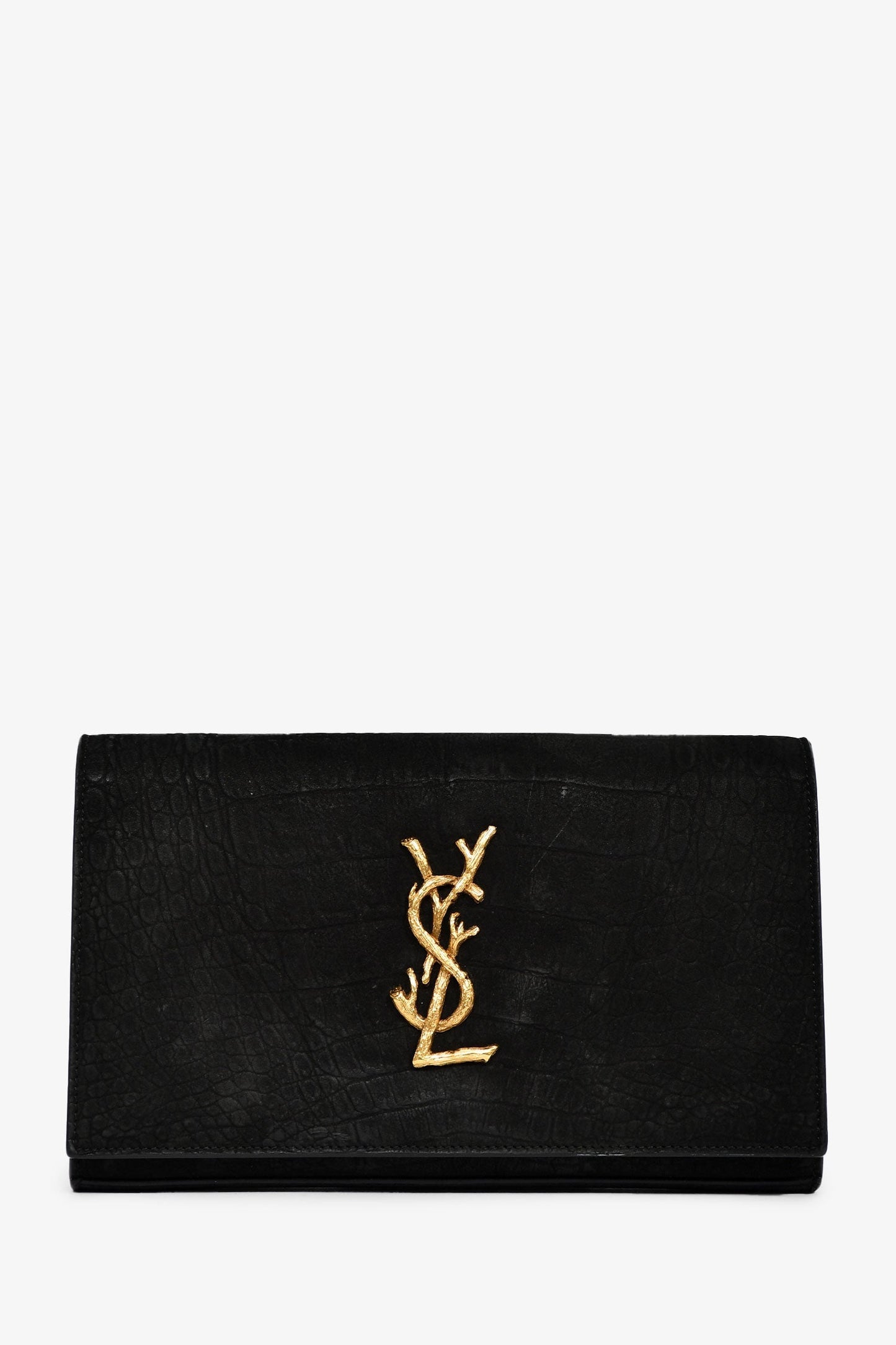 Saint Laurent Black Suede Croc Embossed Cassandre Wallet On Chain Crossbody