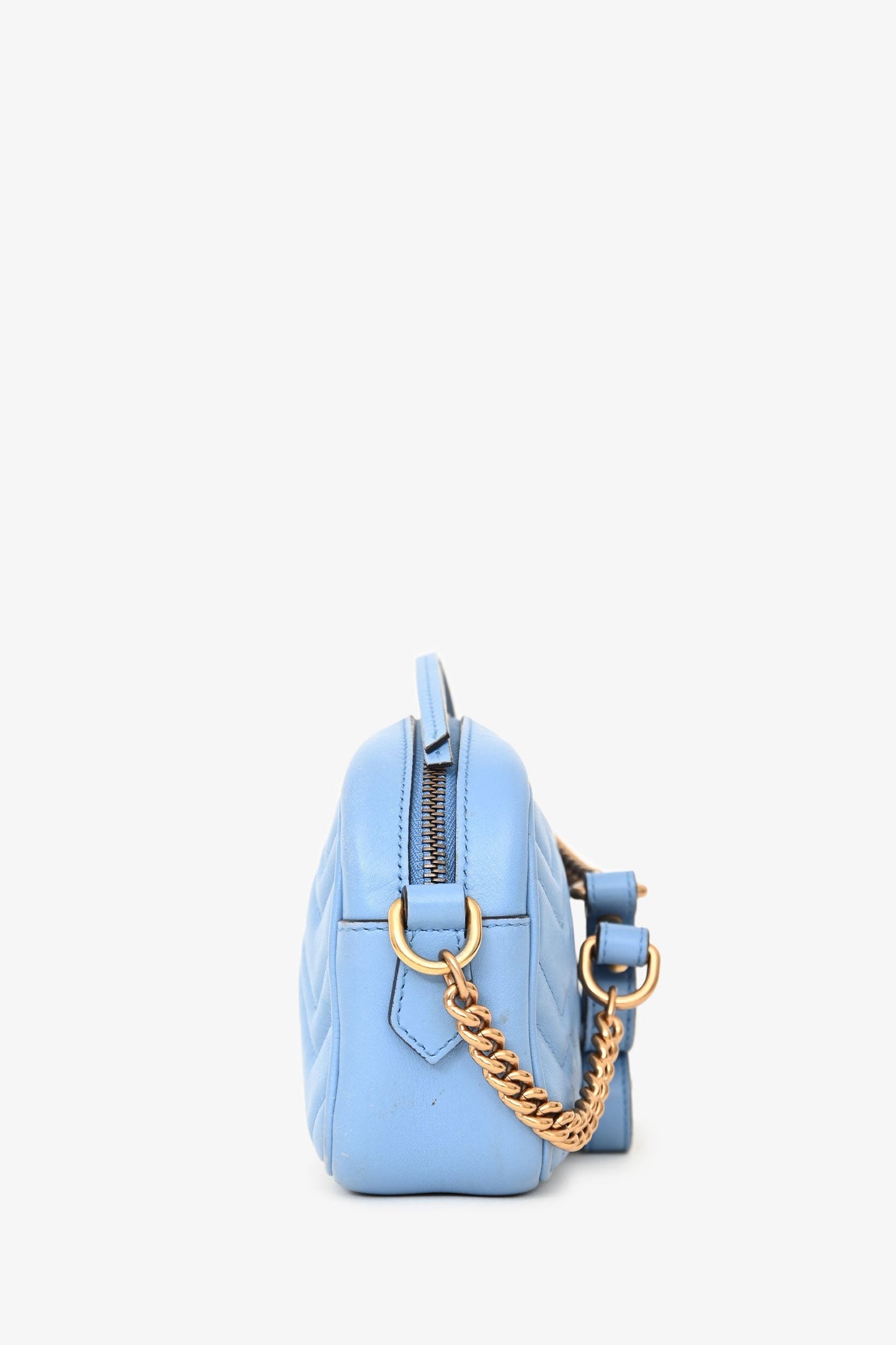 Gucci Light Blue Leather Chevron Quilted Mini GG Marmont Crossbody Bag