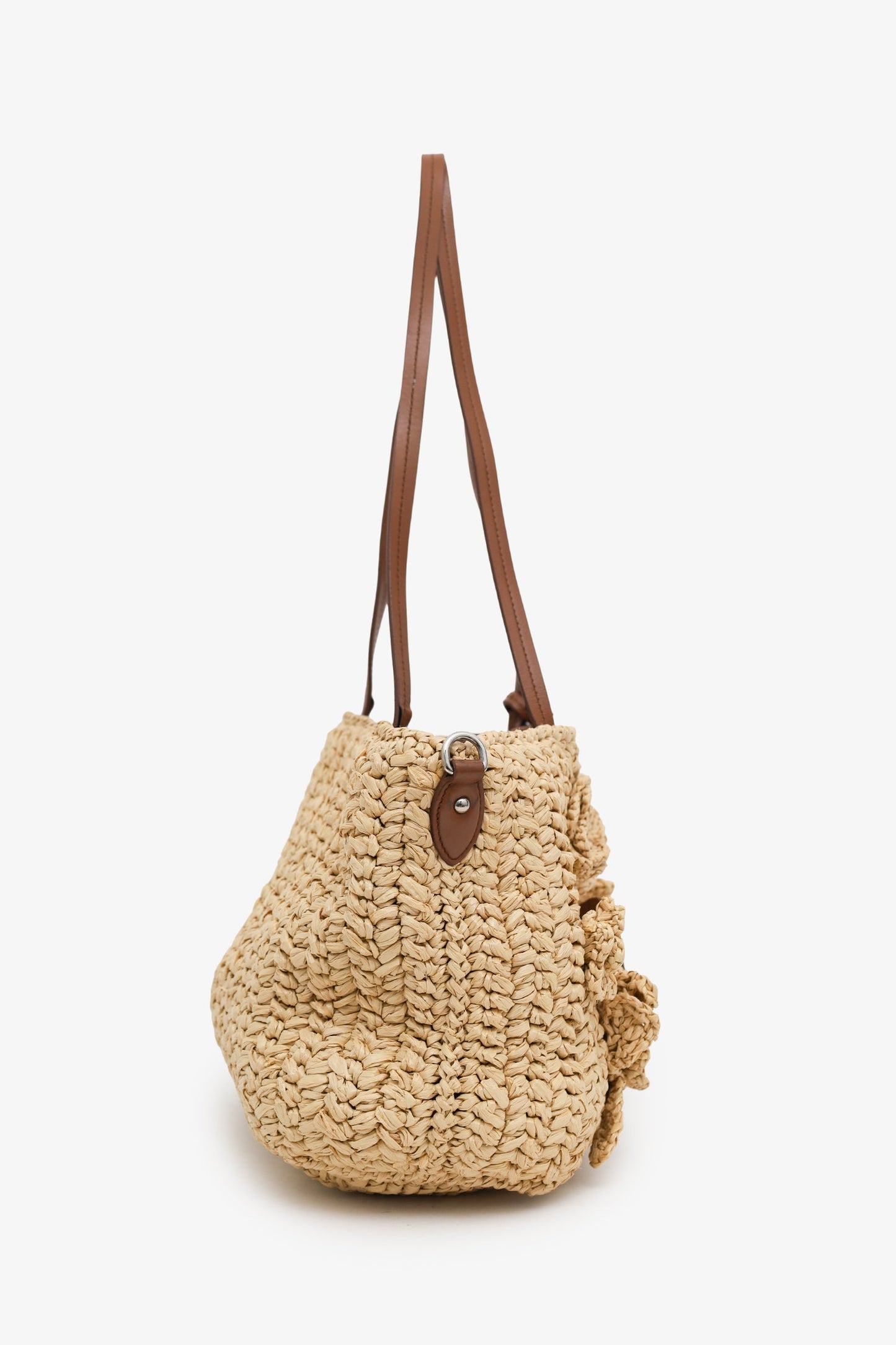 Miu Miu Beige Raffia Floral Tote Bag