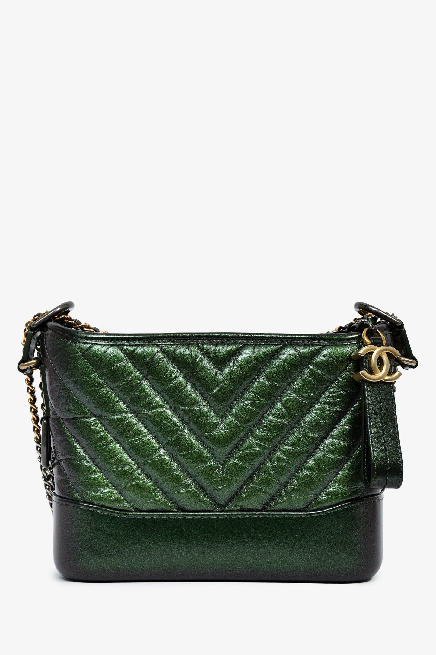 Chanel™ 2019 Limited Edition Metallic Green Aged Leather Chevron Small Gabrielle Crossbody