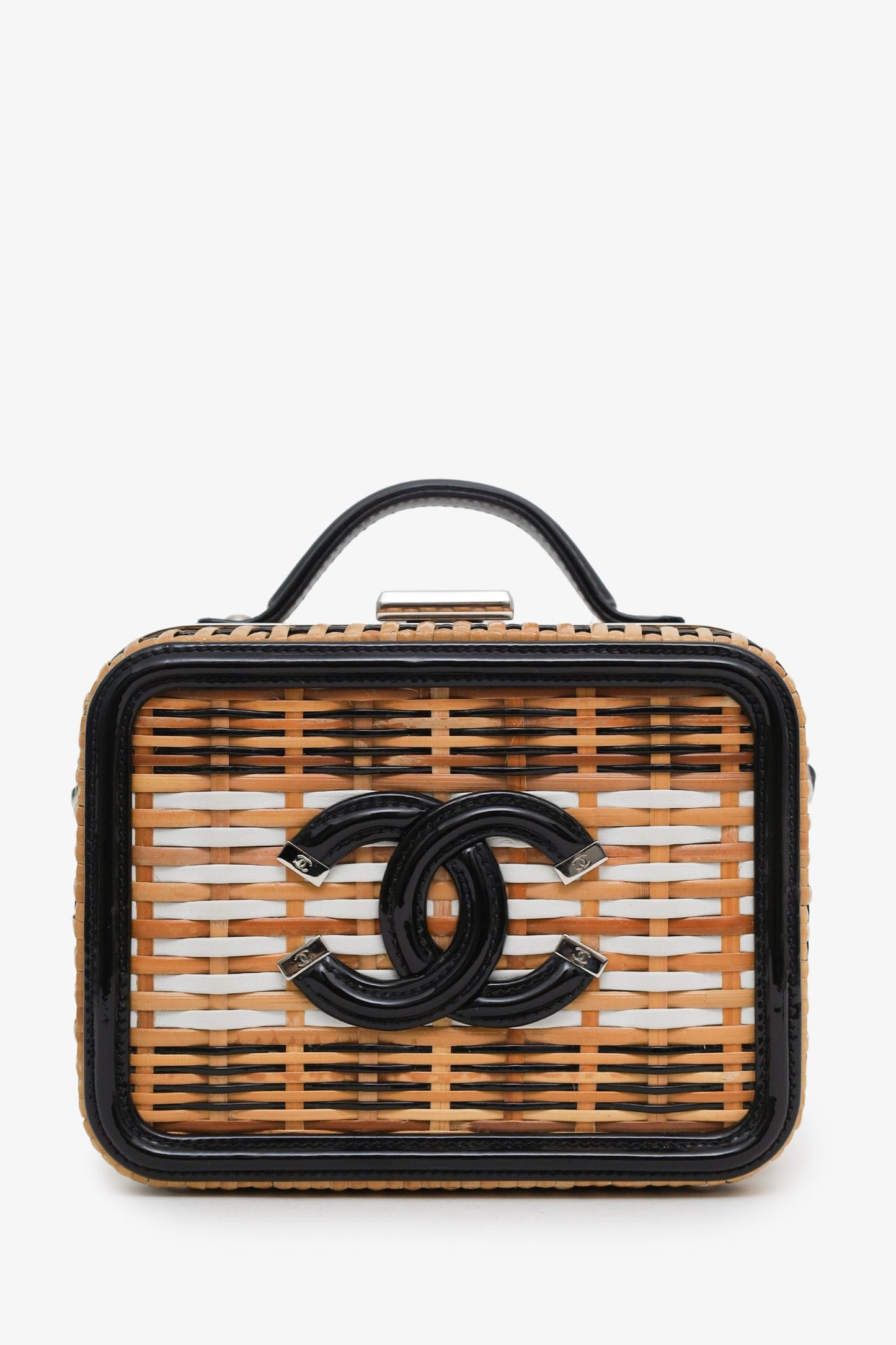 Chanel™ 2019 Black/Beige Raffia Patent Small CC Filigree Vanity Case