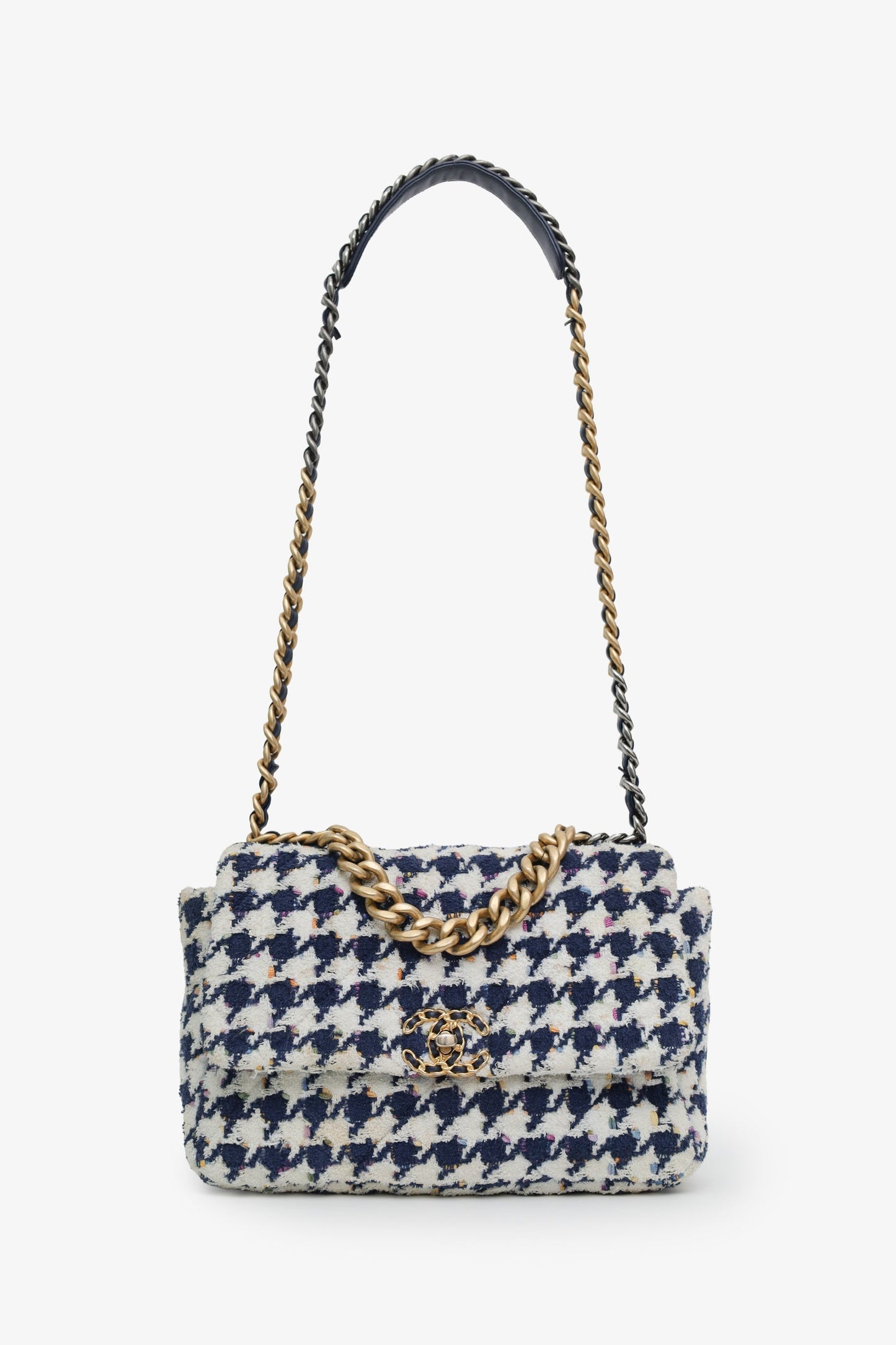 Chanel™ Blue Houndstooth Tweed Medium 19 Flap Bag