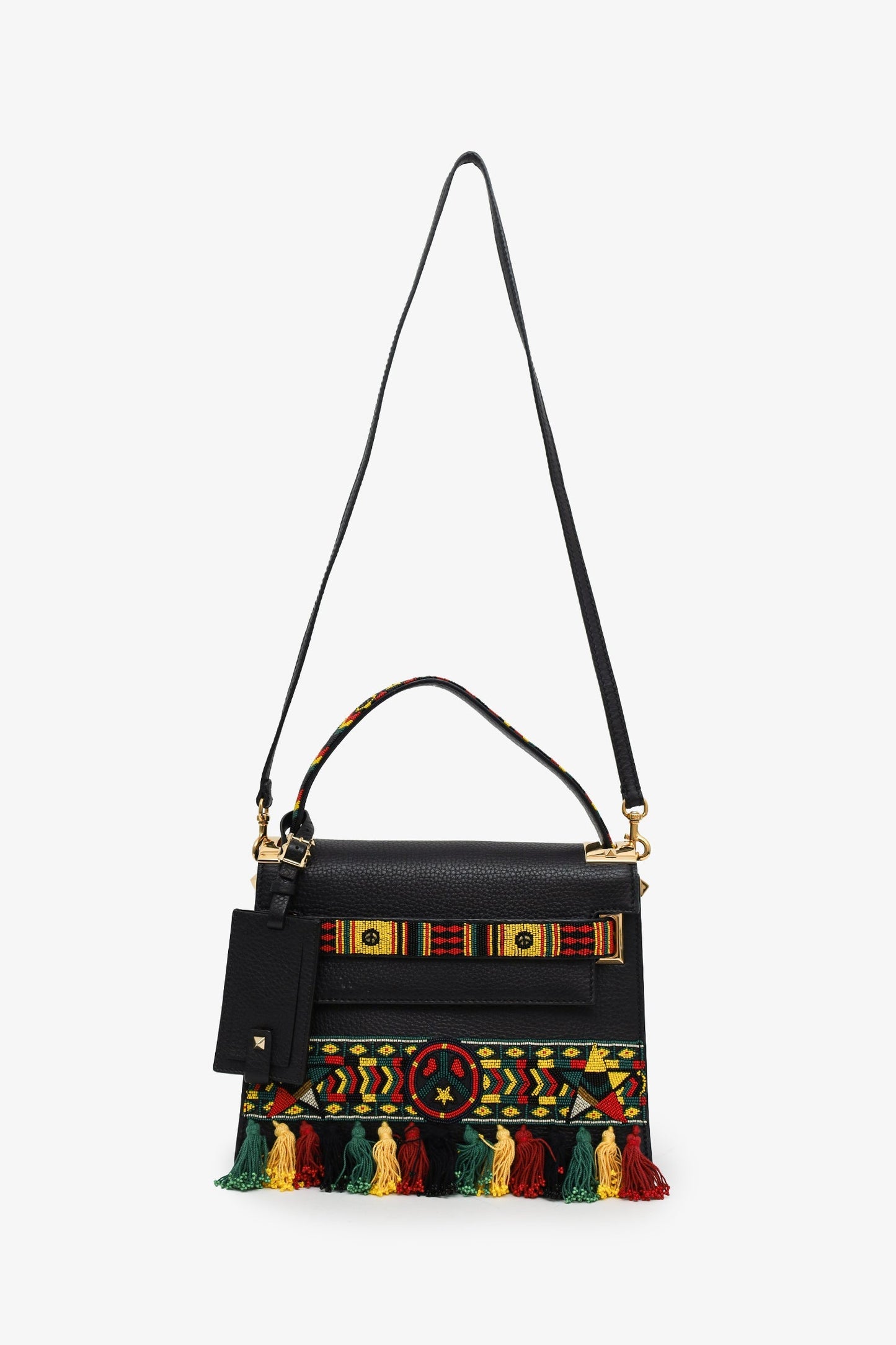 Valentino Black Leather Small Beads Embellished Rockstud Rolling Top Handle Bag