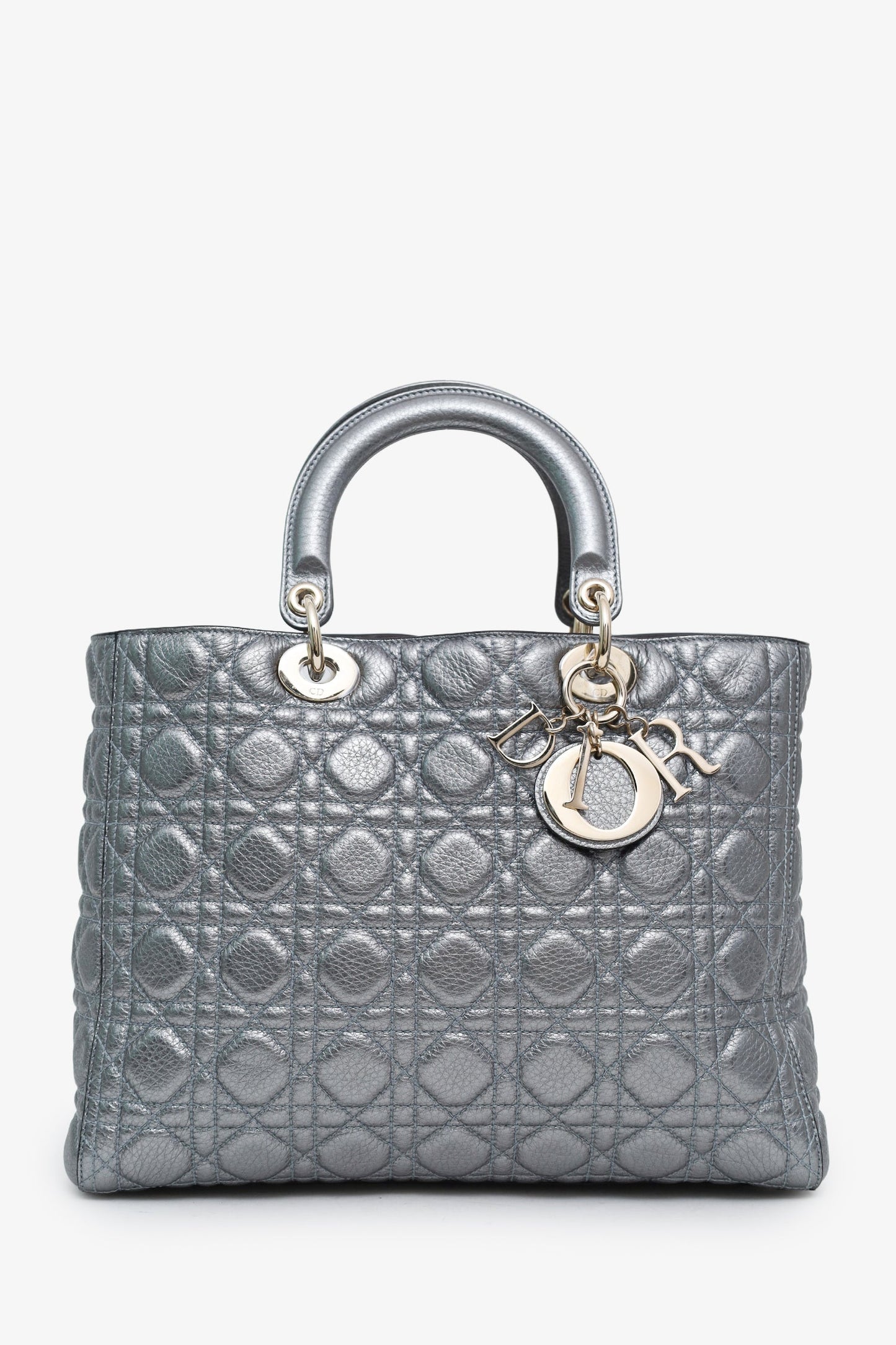 Christian Dior Silver Metallic Leather Large Lady Dior Bag With Strap