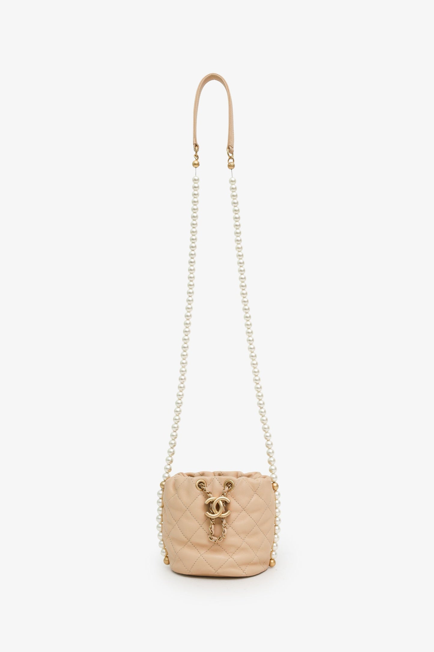 Chanel™ 2021 Beige Leather Mini About Pearls Drawstring Bucket Bag