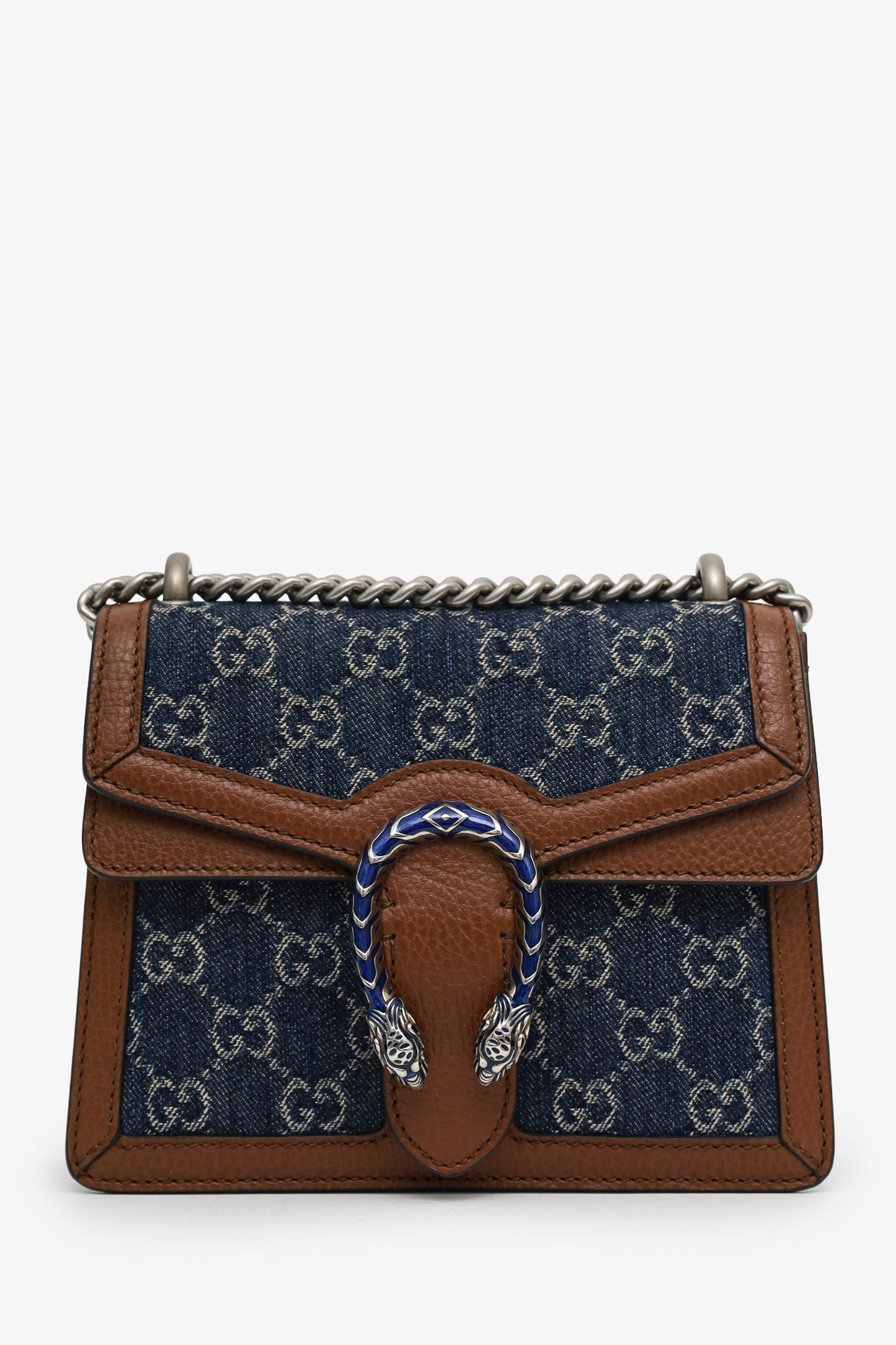 Gucci Blue Denim GG Brown Leather Trim Mini Dionysus Chain Bag