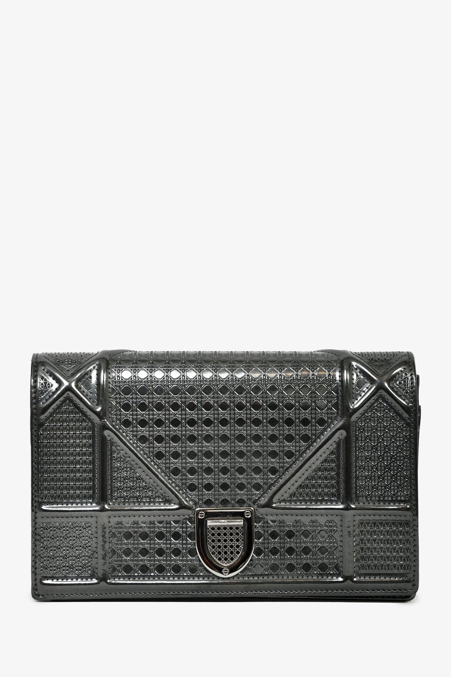 Christian Dior Grey Metallic Patent Microcannage Diorama Wallet on Chain