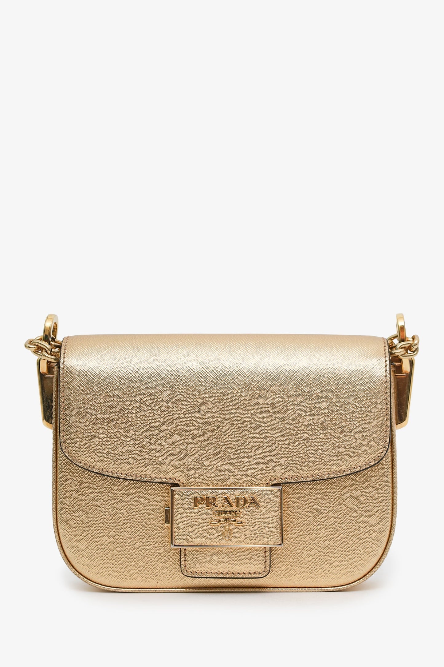 Prada Gold Metallic Saffiano Lux Embleme Flap Shoulder Bag