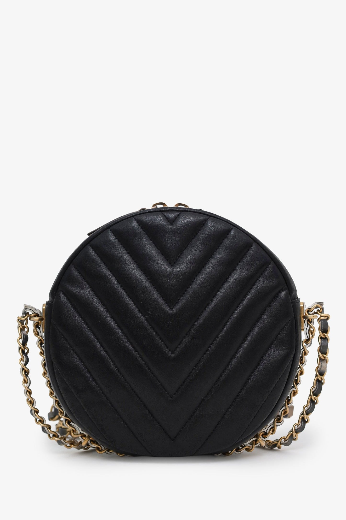 Chanel™ 2018 Black Chevron Leather Round As Earth Crossbody Bag