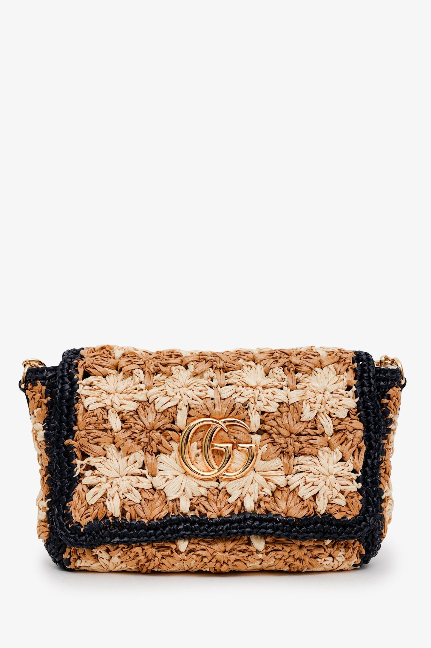 Gucci Brown/Black Woven Floral Raffia GG Marmont Small Shoulder Bag