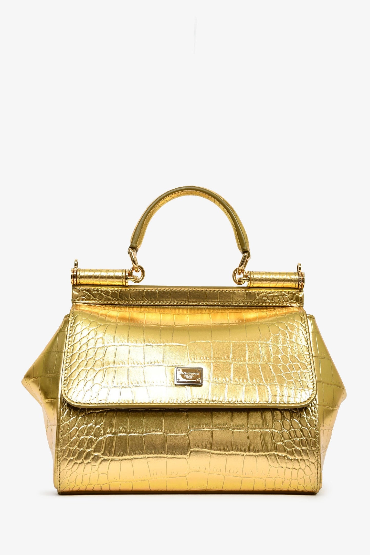 Dolce & Gabbana Gold Croc-Embossed Leather Small My Sicily Top Handle Bag
