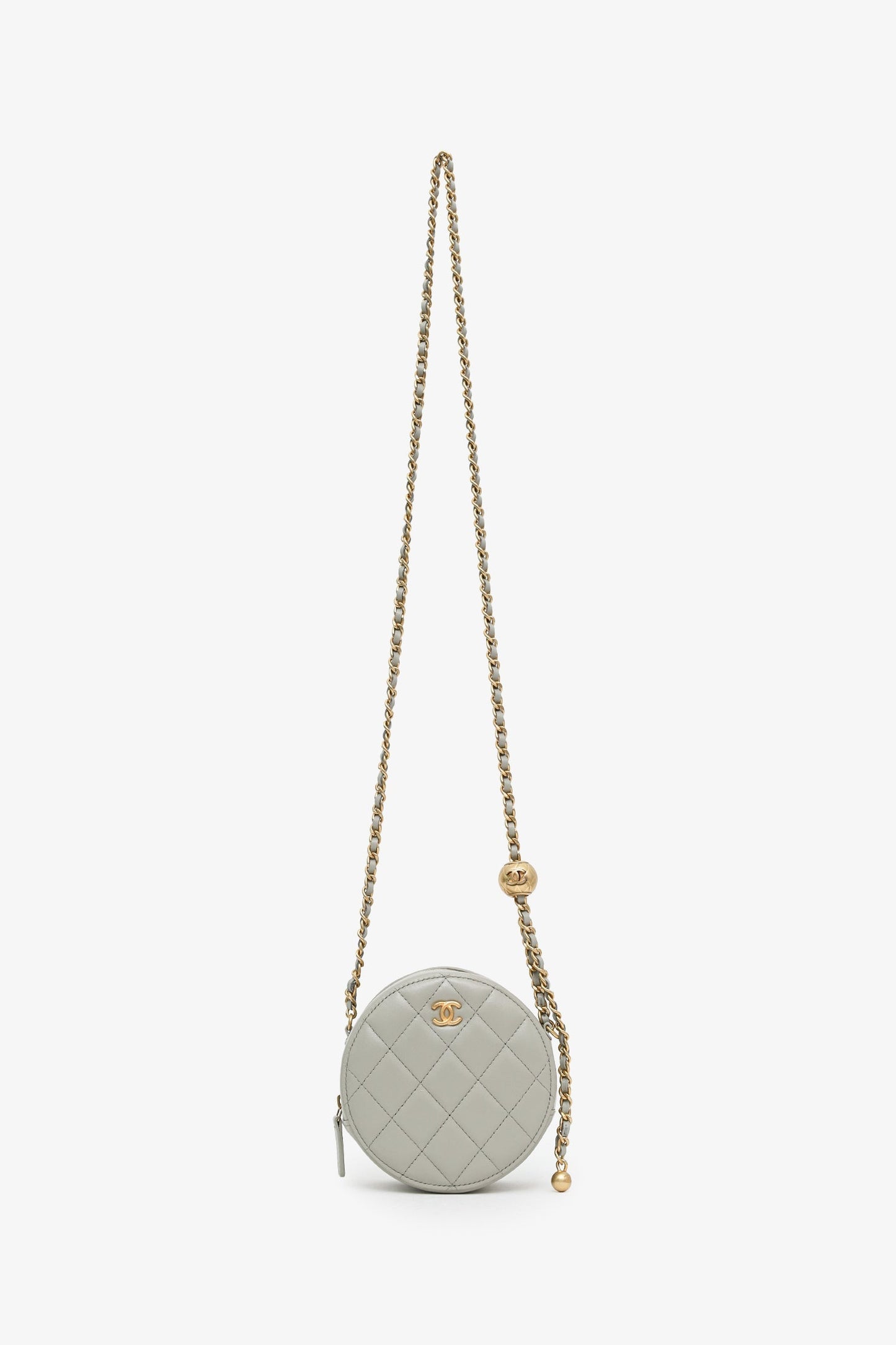 Chanel™ 2021 Grey Quilted Leather Pearl Crush Round Clutch Bag