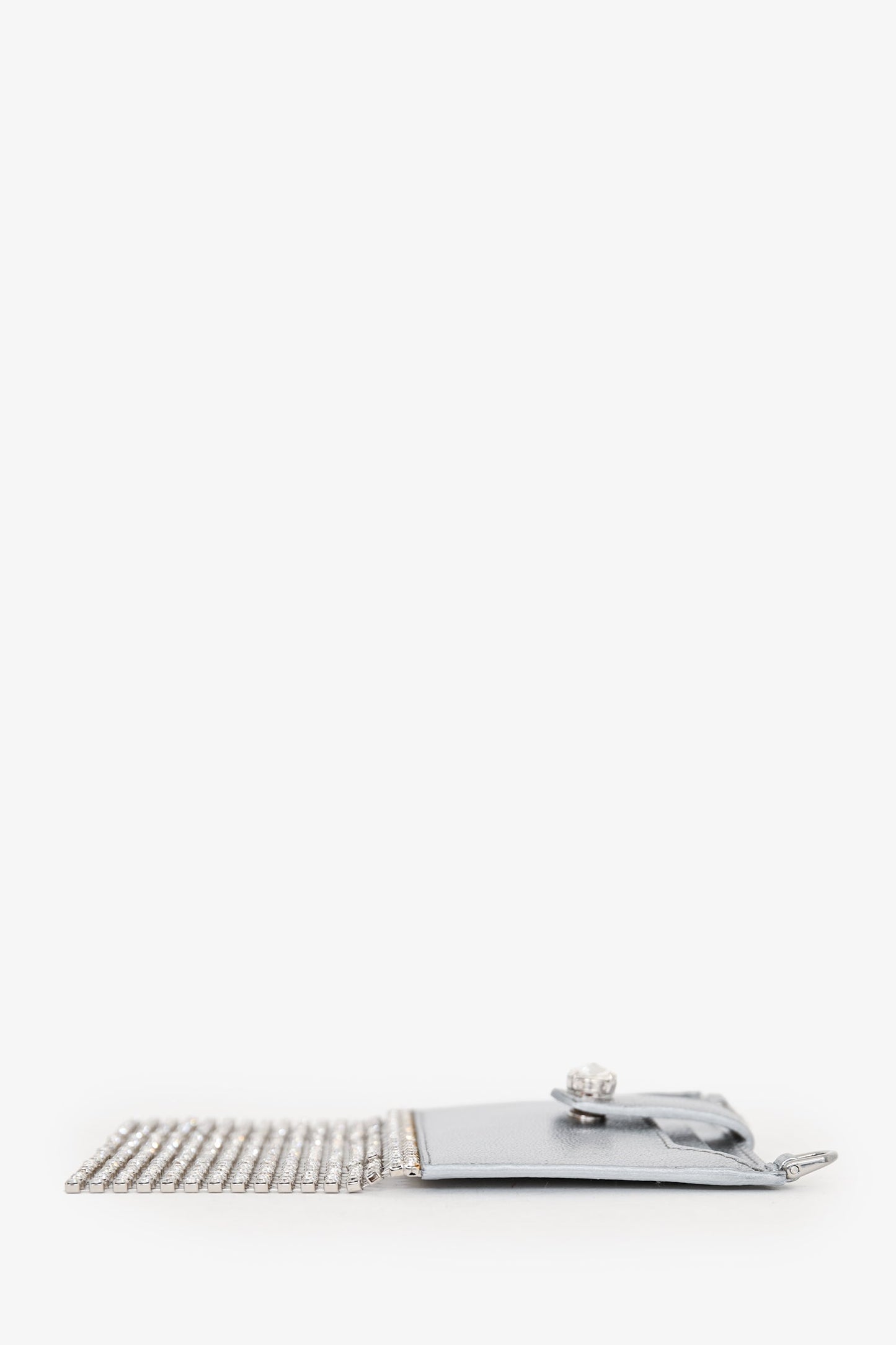 Miu Miu Silver Metallic Leather Crystal Embellished Fringe Card Hold with Chain