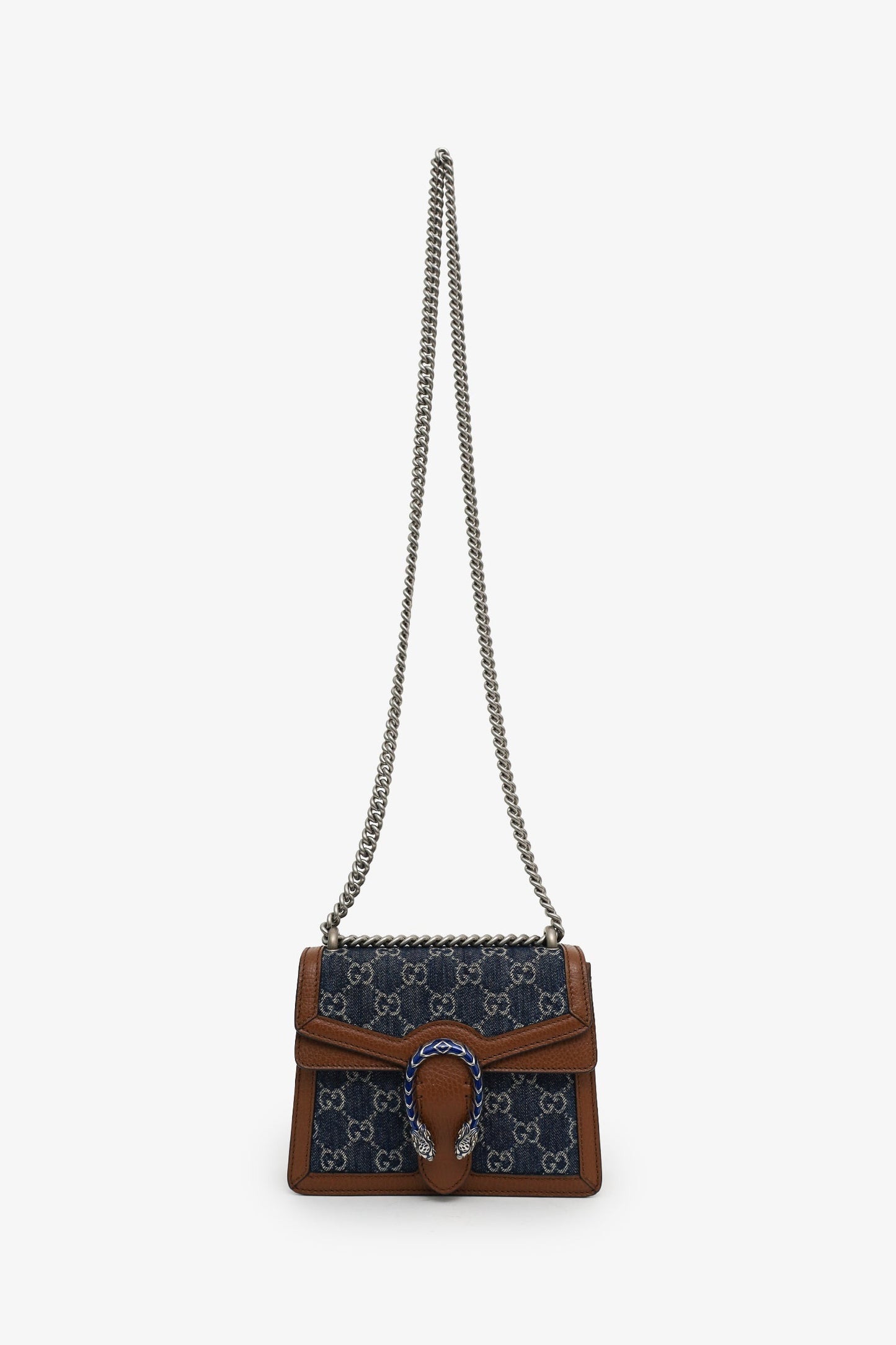 Gucci Blue Denim GG Brown Leather Trim Mini Dionysus Chain Bag