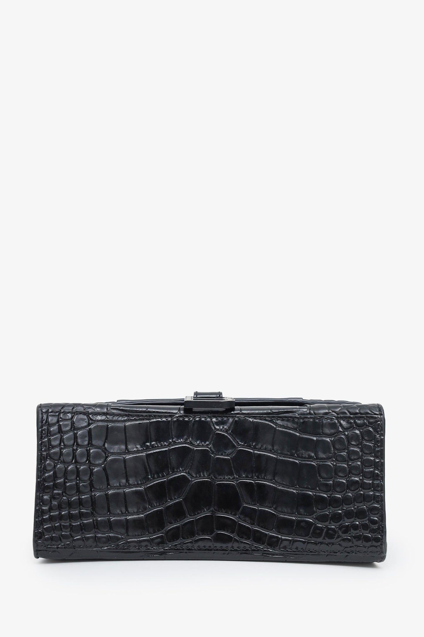 Balenciaga Black Croc Embossed Small Hourglass Top Handle Bag With Strap
